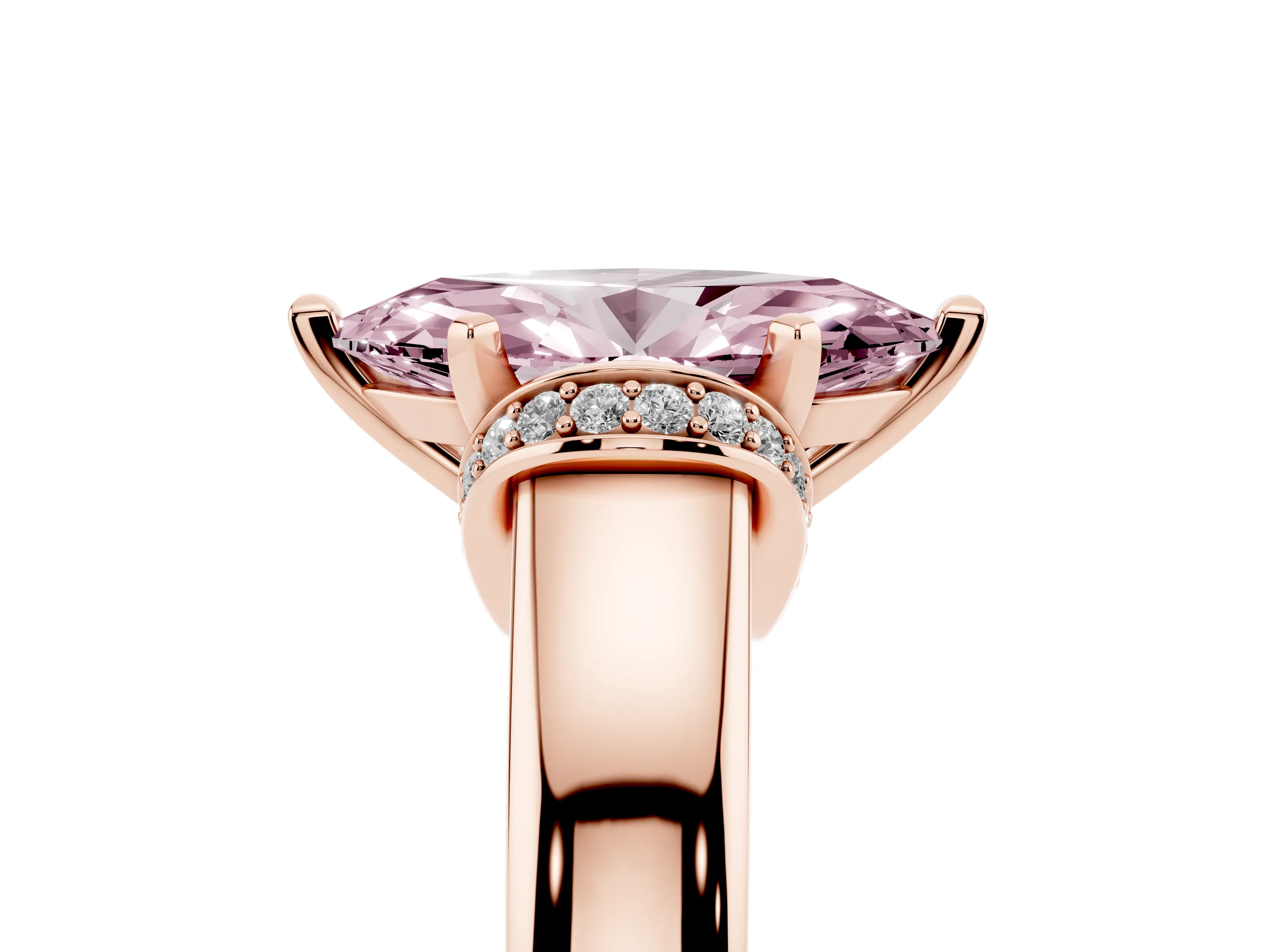 Fancy Pink Marquise Cut Diamond Pavé Band Solitaire Ring Set in Rose gold with Prong Setting