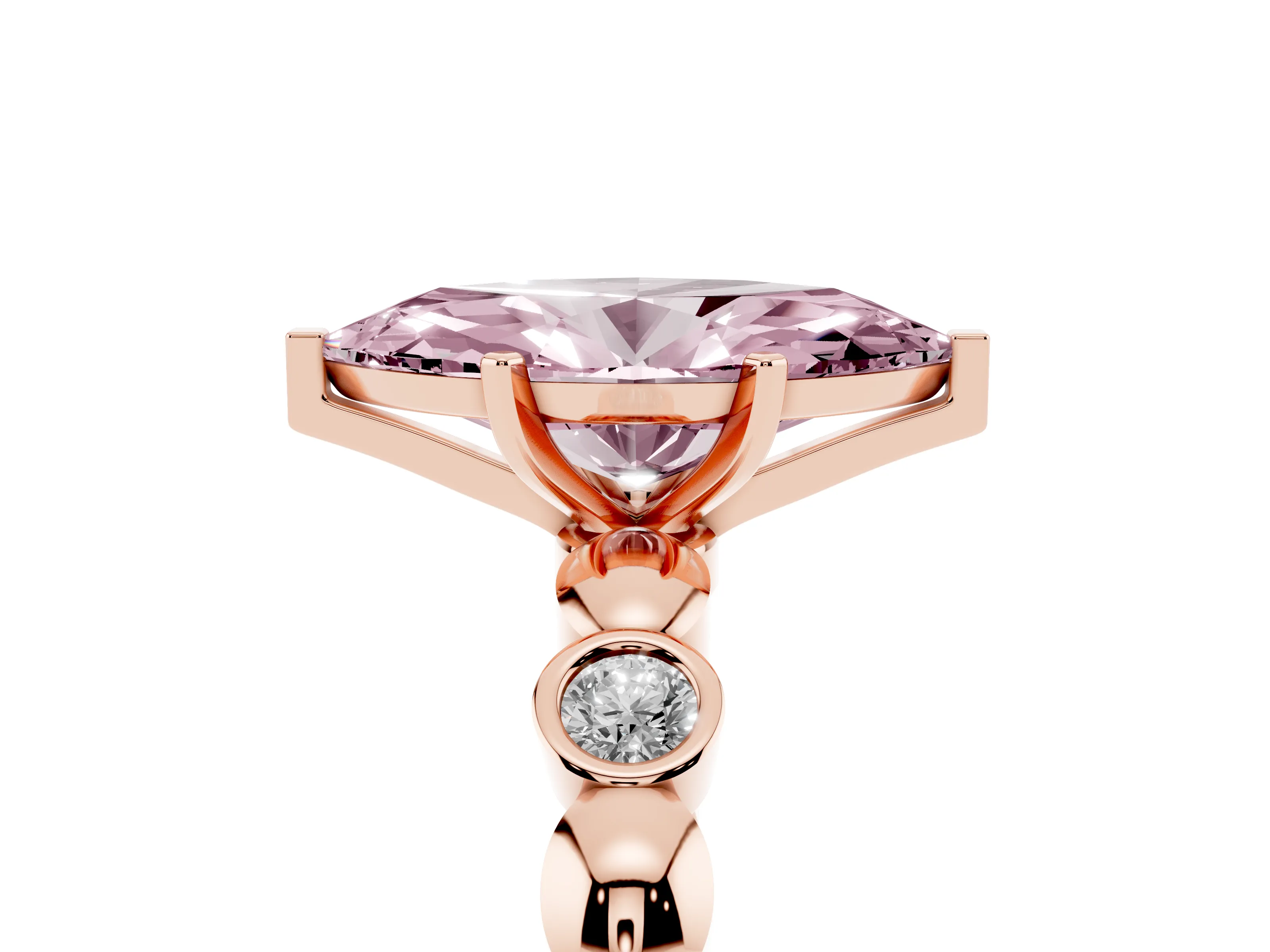 Fancy Pink Marquise Cut Diamond Solitaire Ring Set in Rose gold with Bezel-Set Accents on Beaded Band and Prong Setting