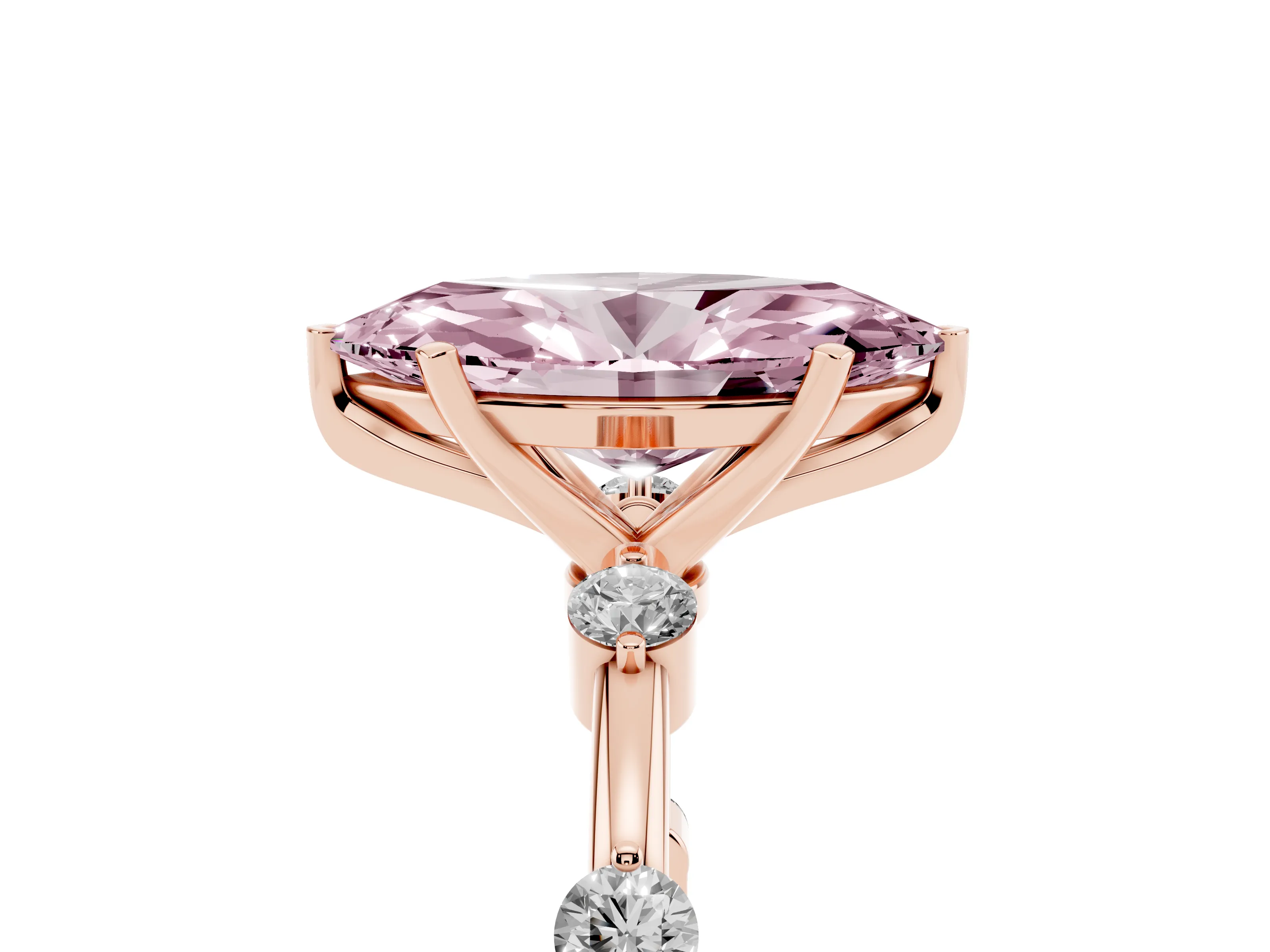 Fancy Pink Marquise Cut Diamond Solitaire Ring Set in Rose gold with Bezel Set Side Stones and Prong Setting
