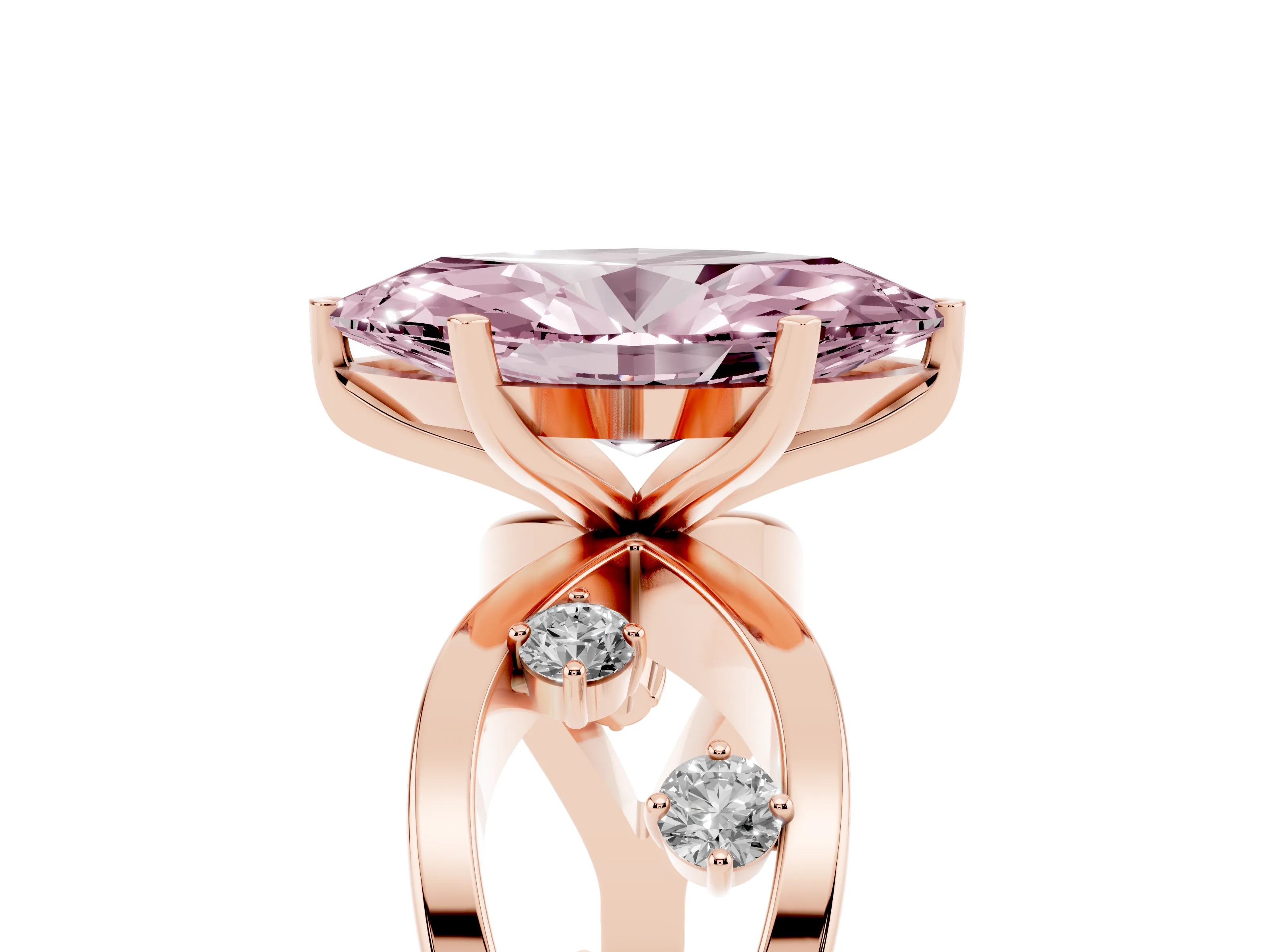 Fancy Pink Marquise Cut Diamond Solitaire Ring Set in Rose gold with Side Stones on Criss-Cross Band and Prong Setting