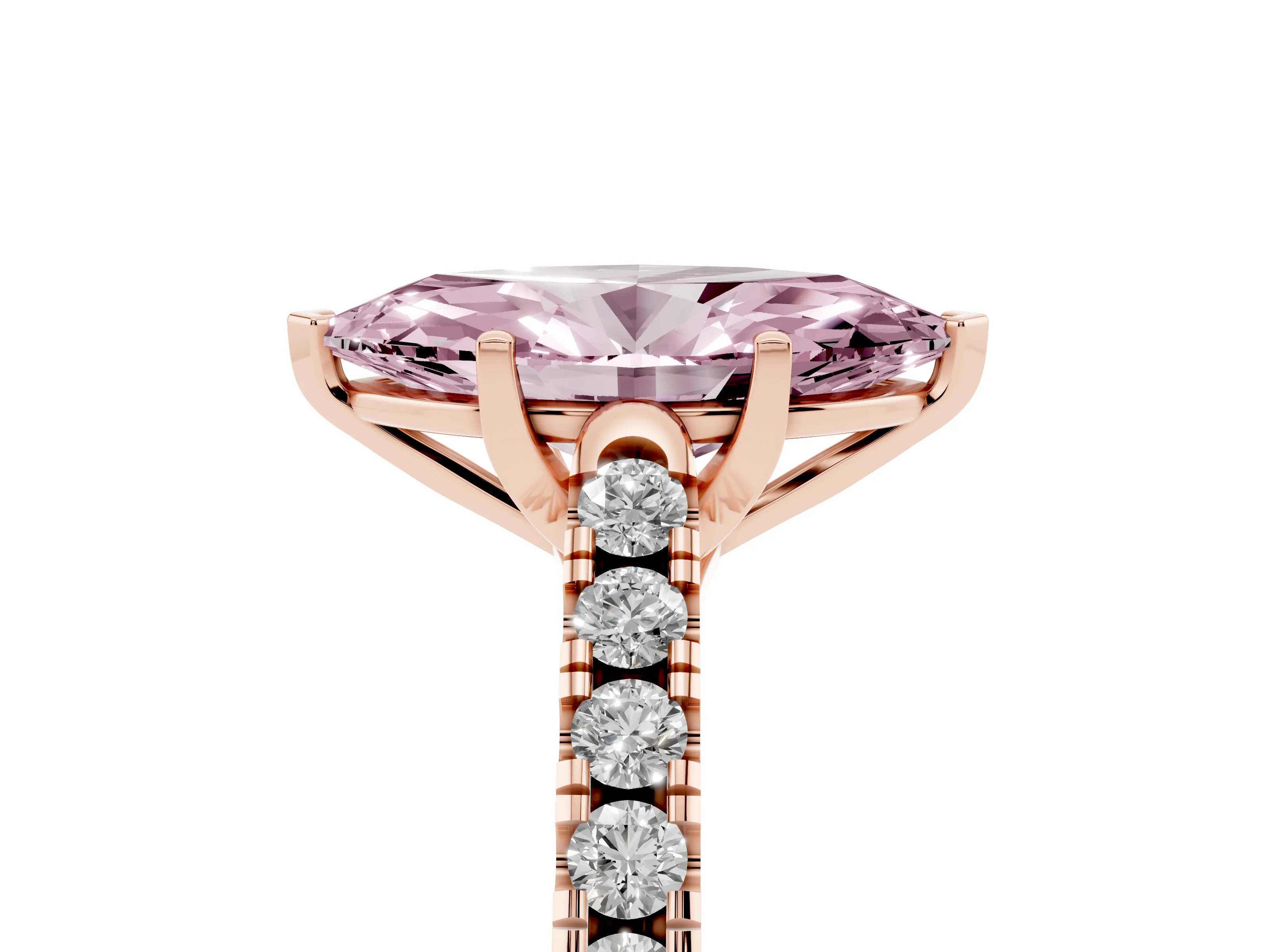 Fancy Pink Marquise Cut Diamond Pavé Band Solitaire Ring Set in Rose gold with Partway Accent Stones and Prong Setting