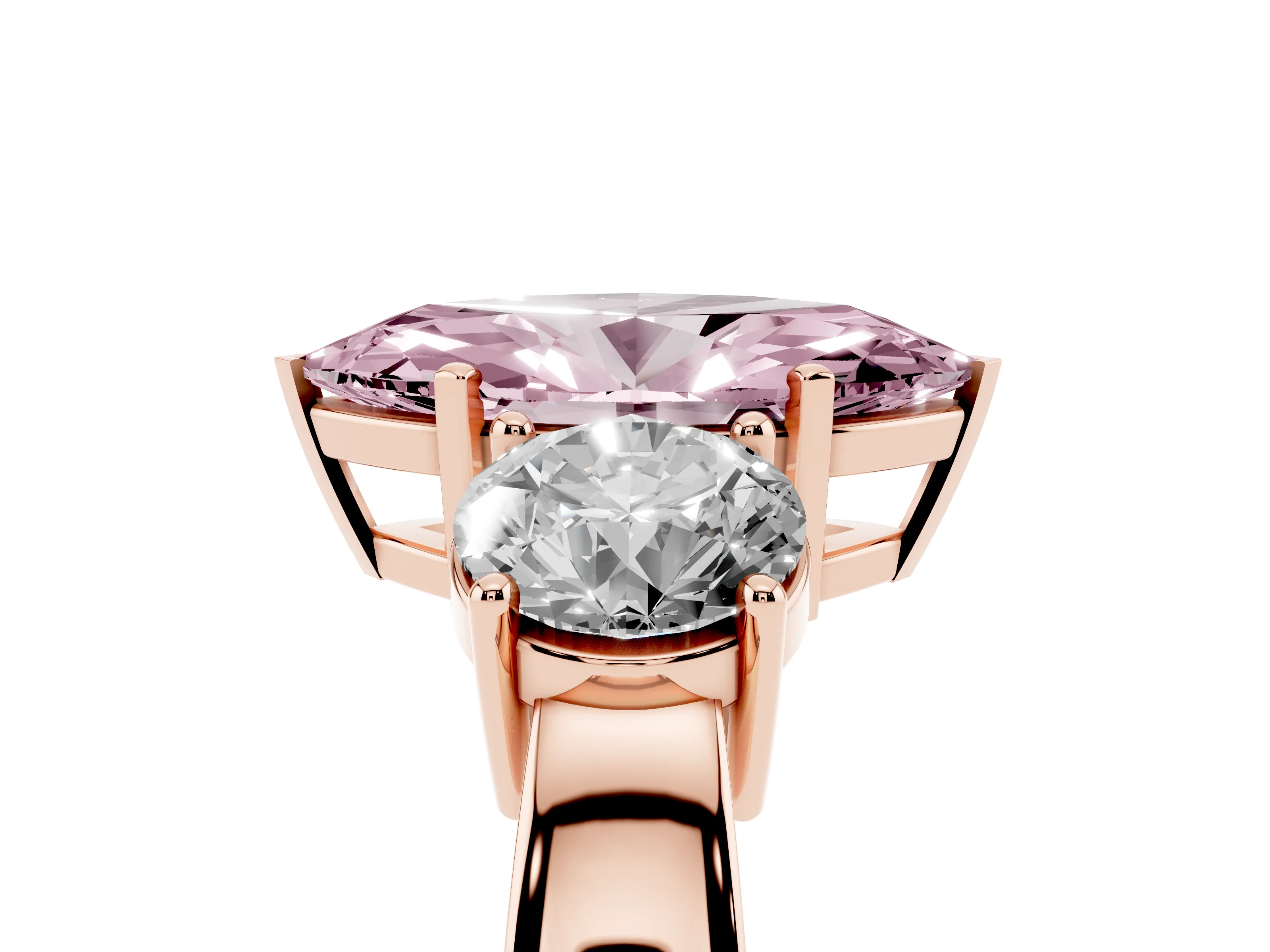 Fancy Pink Marquise Cut Diamond Three-Stone Ring Set in Rose gold with Round Side Stones and Classic Band