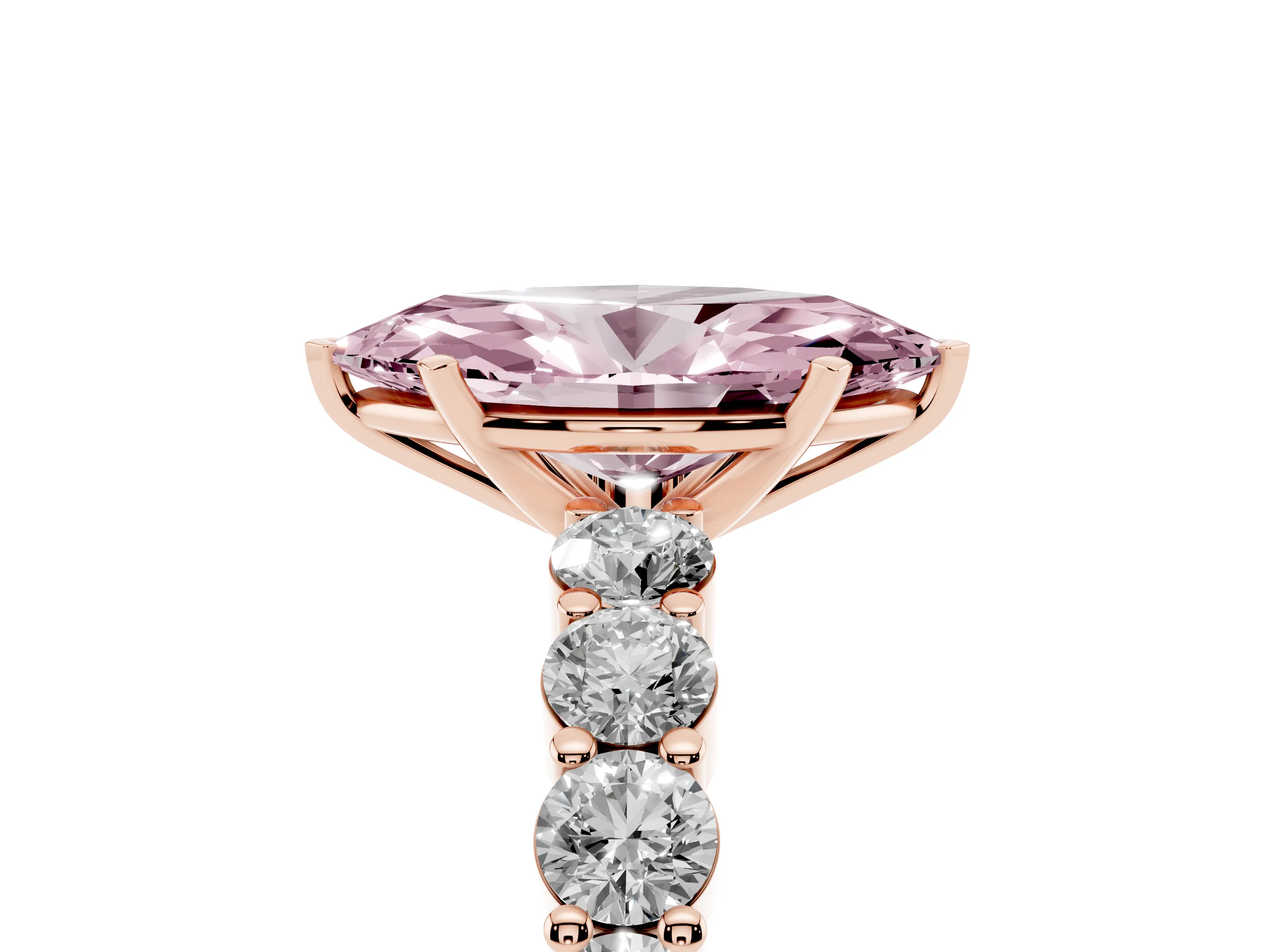 Fancy Pink Marquise Cut Diamond Solitaire Ring Set in Rose gold with Shared Prong Round Side Stones