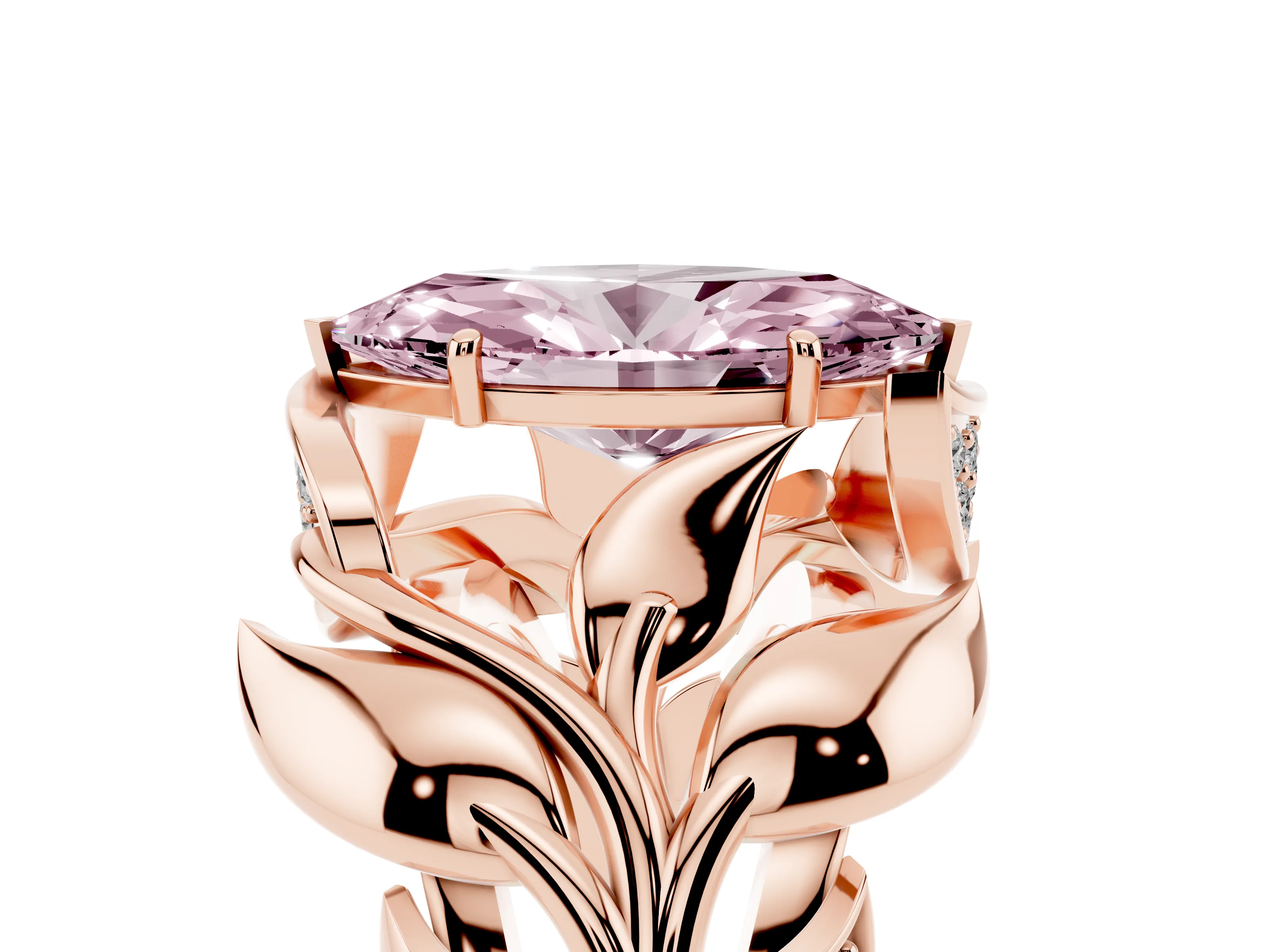 Fancy Pink Marquise Cut Diamond Leaf-Inspired Engagement Ring Set in Rose gold with Round Accents