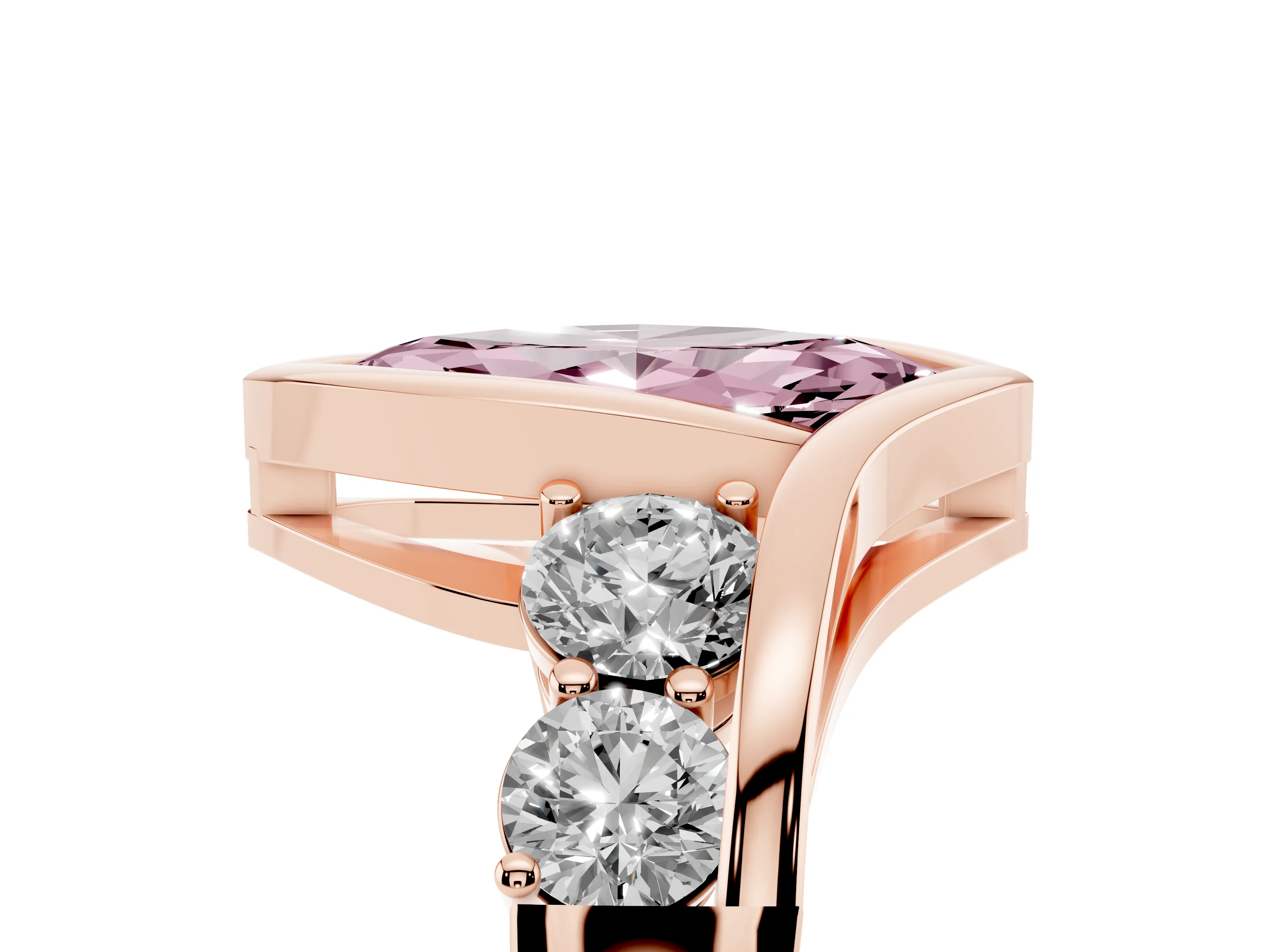 Fancy Pink Marquise Cut Diamond Bezel Bypass Ring Set in Rose gold with Round Accents