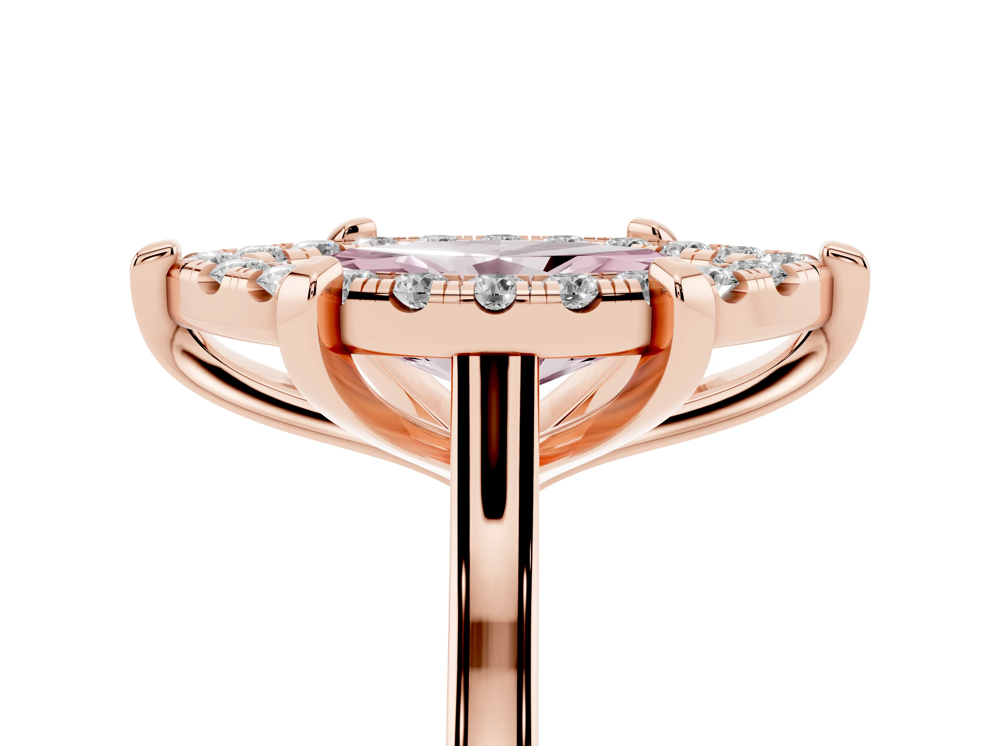 Fancy Pink Marquise Cut Diamond Cluster Halo Solitaire Ring Set in Rose gold with Prong Setting