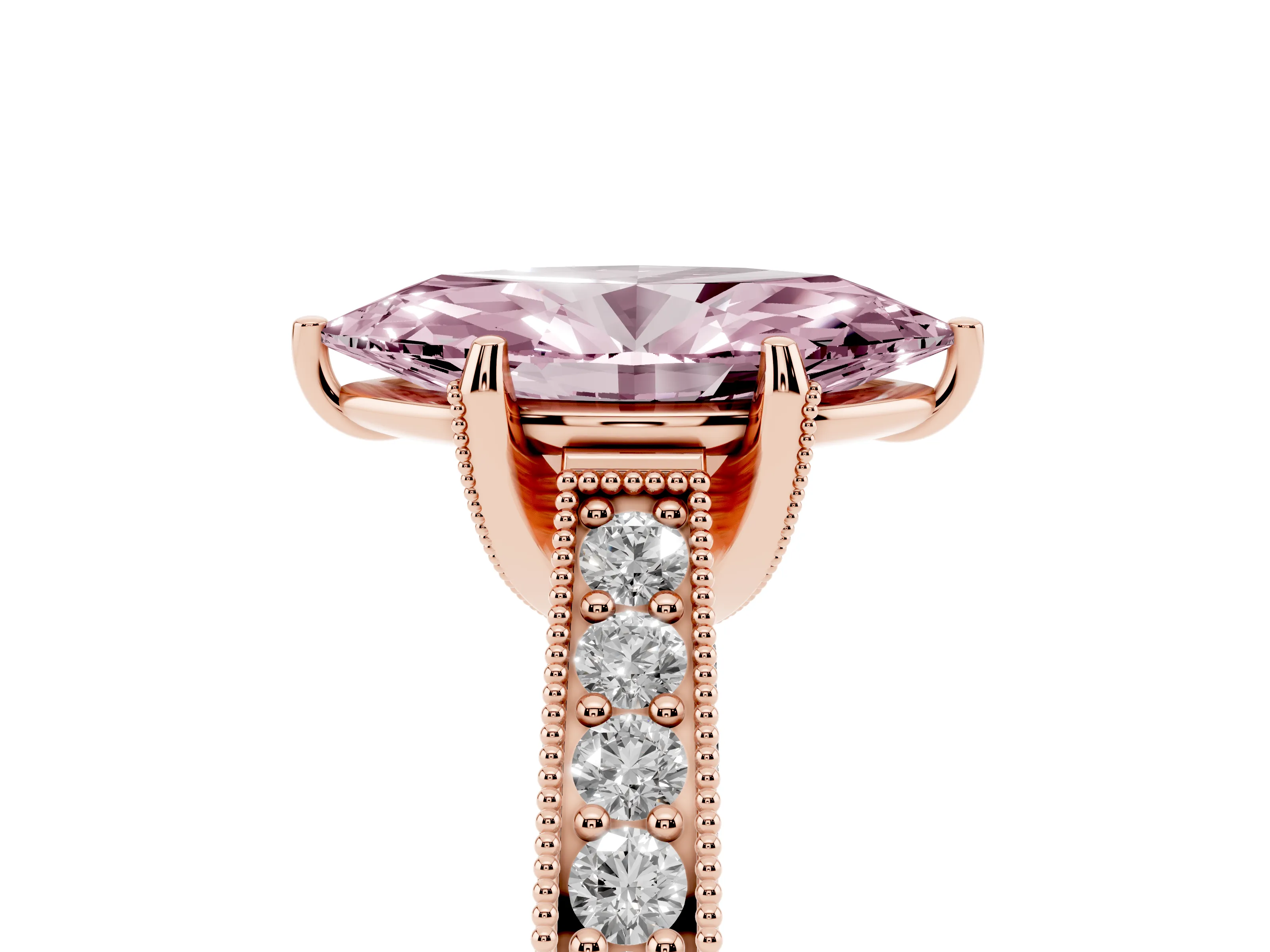 Fancy Pink Marquise Cut Diamond Solitaire Ring Set in Rose gold with Milgrain-Edged Pavé Band and Prong Setting