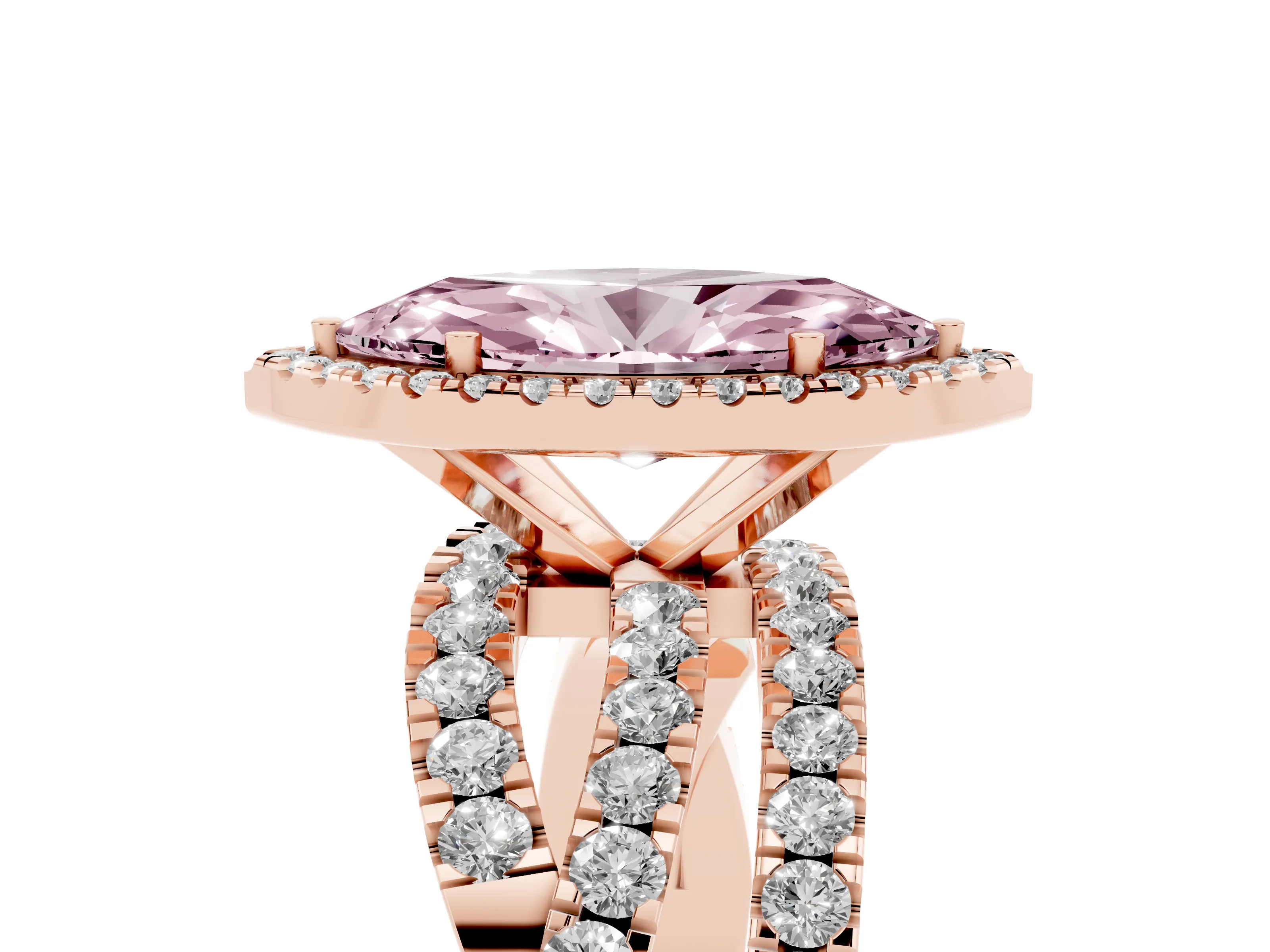 Fancy Pink Marquise Cut Diamond Halo Ring Set in Rose gold with Round Crossover Split Shank and Prong Setting