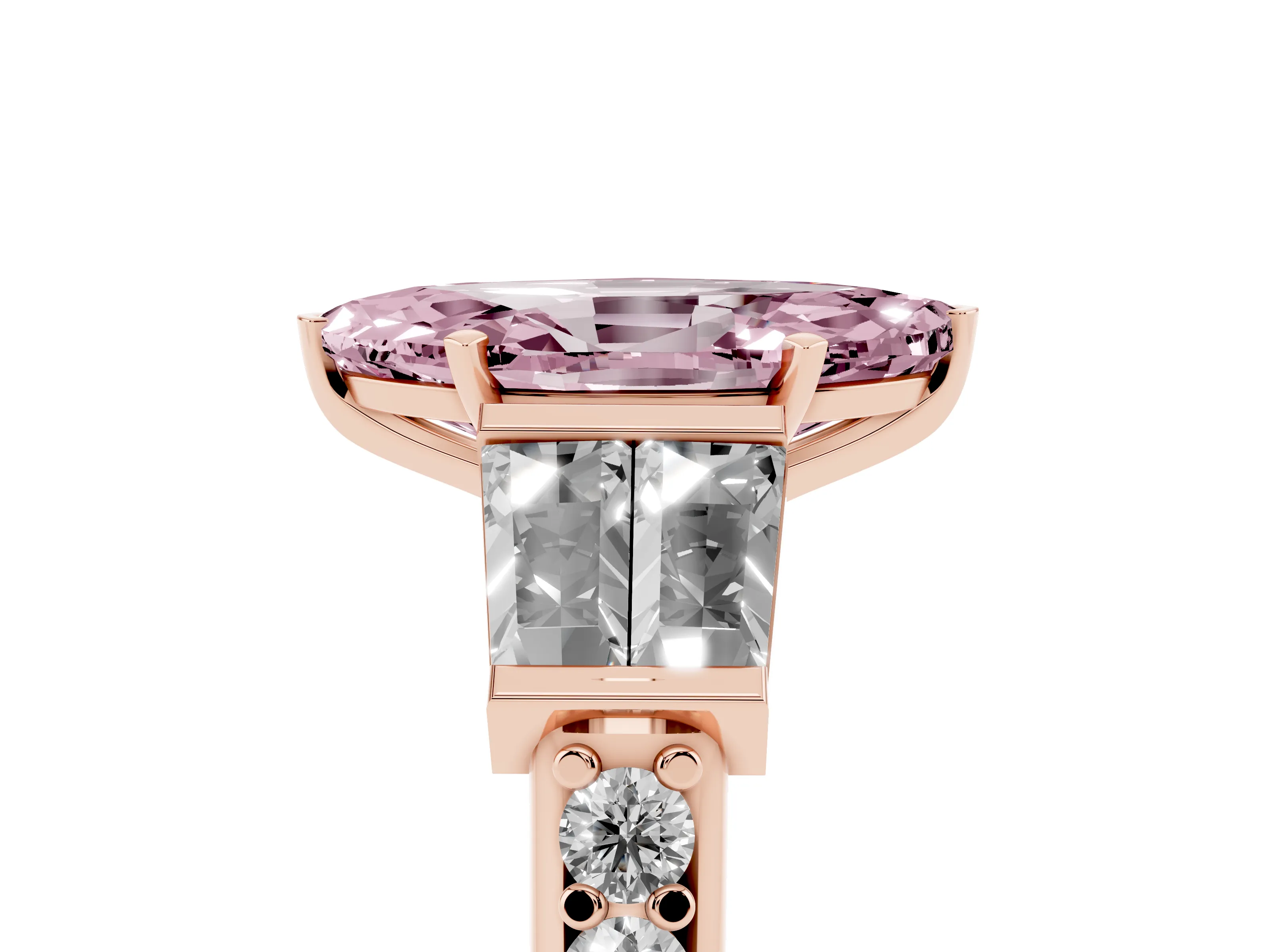 Fancy Pink Marquise Cut Diamond Engagement Ring Set in Rose gold with Baguette Side Stones and Channel Set Band
