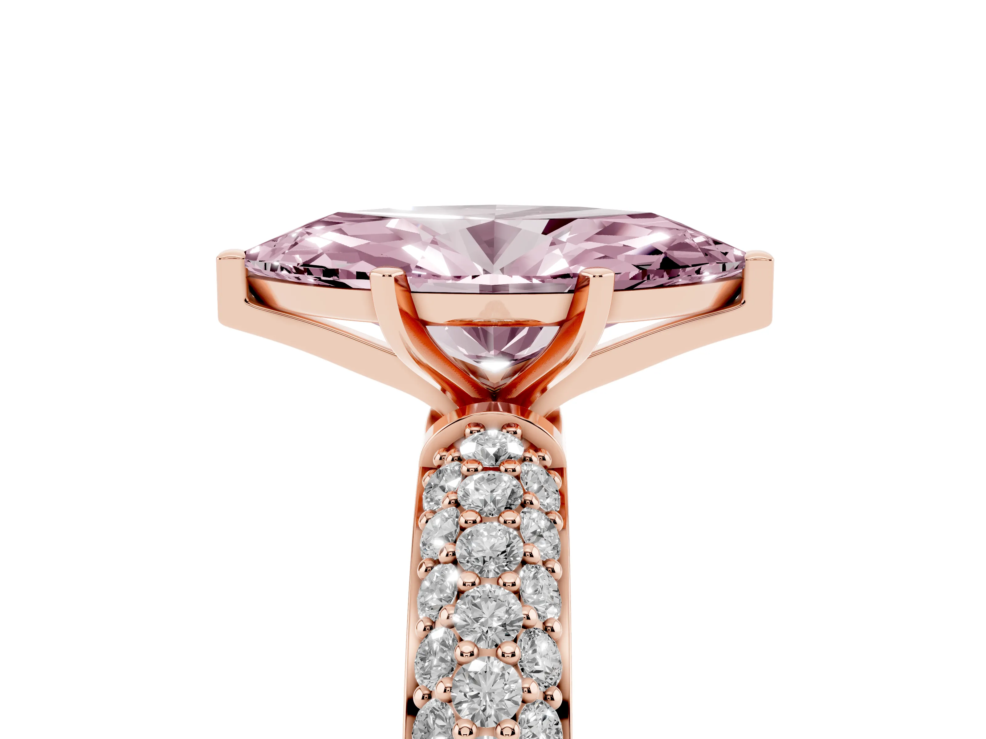 Fancy Pink Marquise Cut Diamond Solitaire Ring Set in Rose gold with Prong Setting and Pavé-Set Band