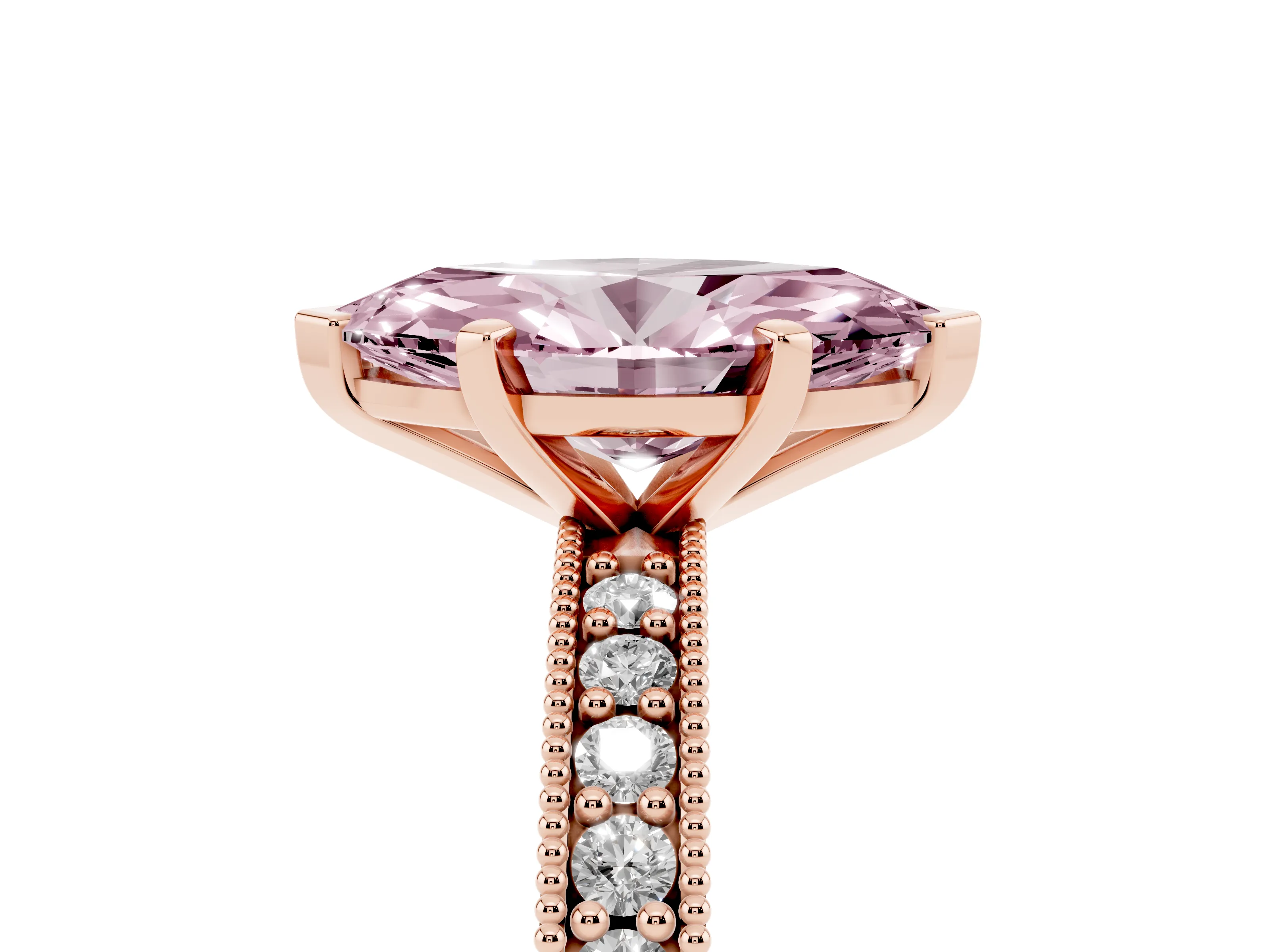 Fancy Pink Marquise Cut Diamond Milgrain Pavé Engagement Ring Set in Rose gold with Prong Setting