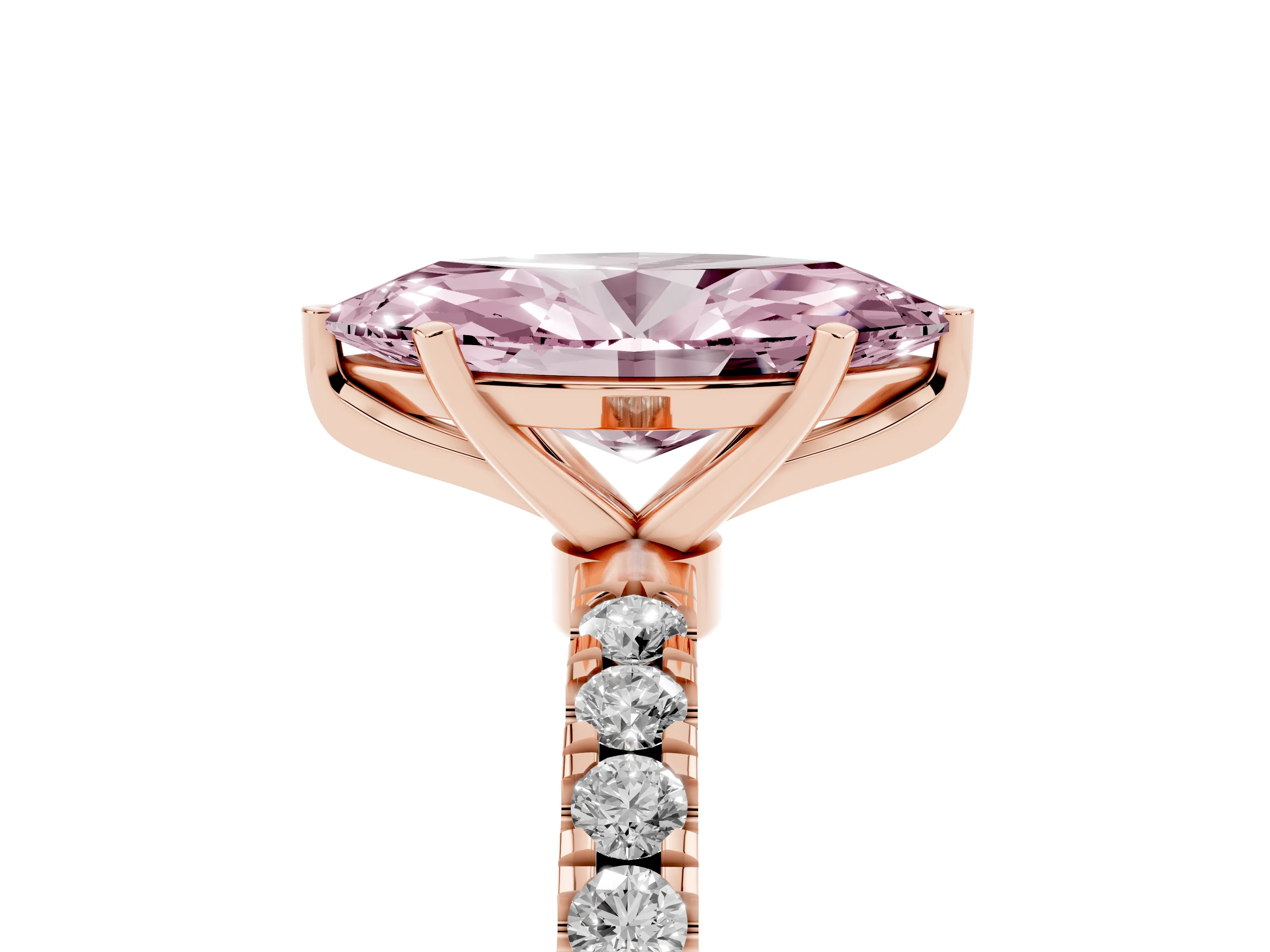 Fancy Pink Marquise Cut Diamond Solitaire Ring Set in Rose gold with Pavé Accents and Prong Setting