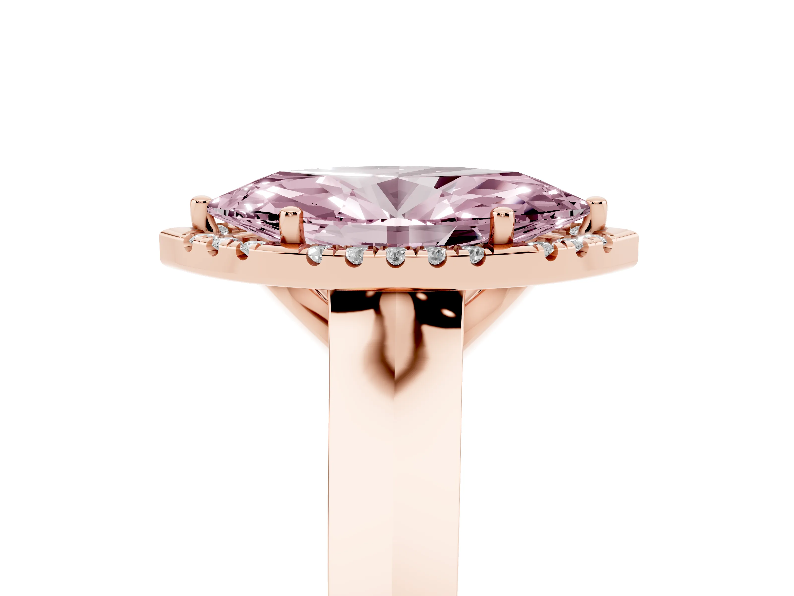 Fancy Pink Marquise Cut Diamond Halo Ring Set in Rose gold with Cathedral Band and Prong Setting