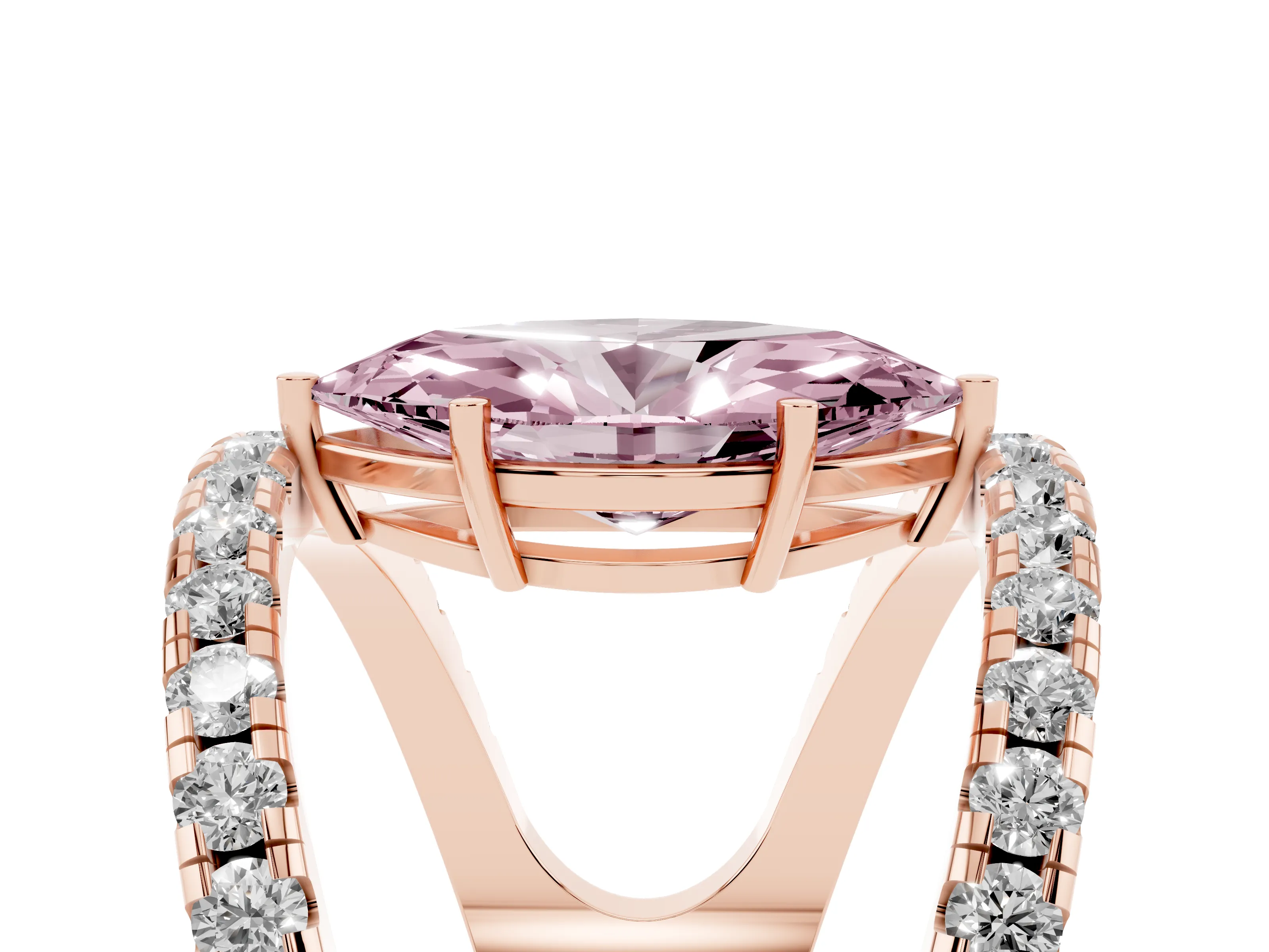 Fancy Pink Marquise Cut Diamond Split Shank Pavé Solitaire Ring Set in Rose gold with Open Shank Design