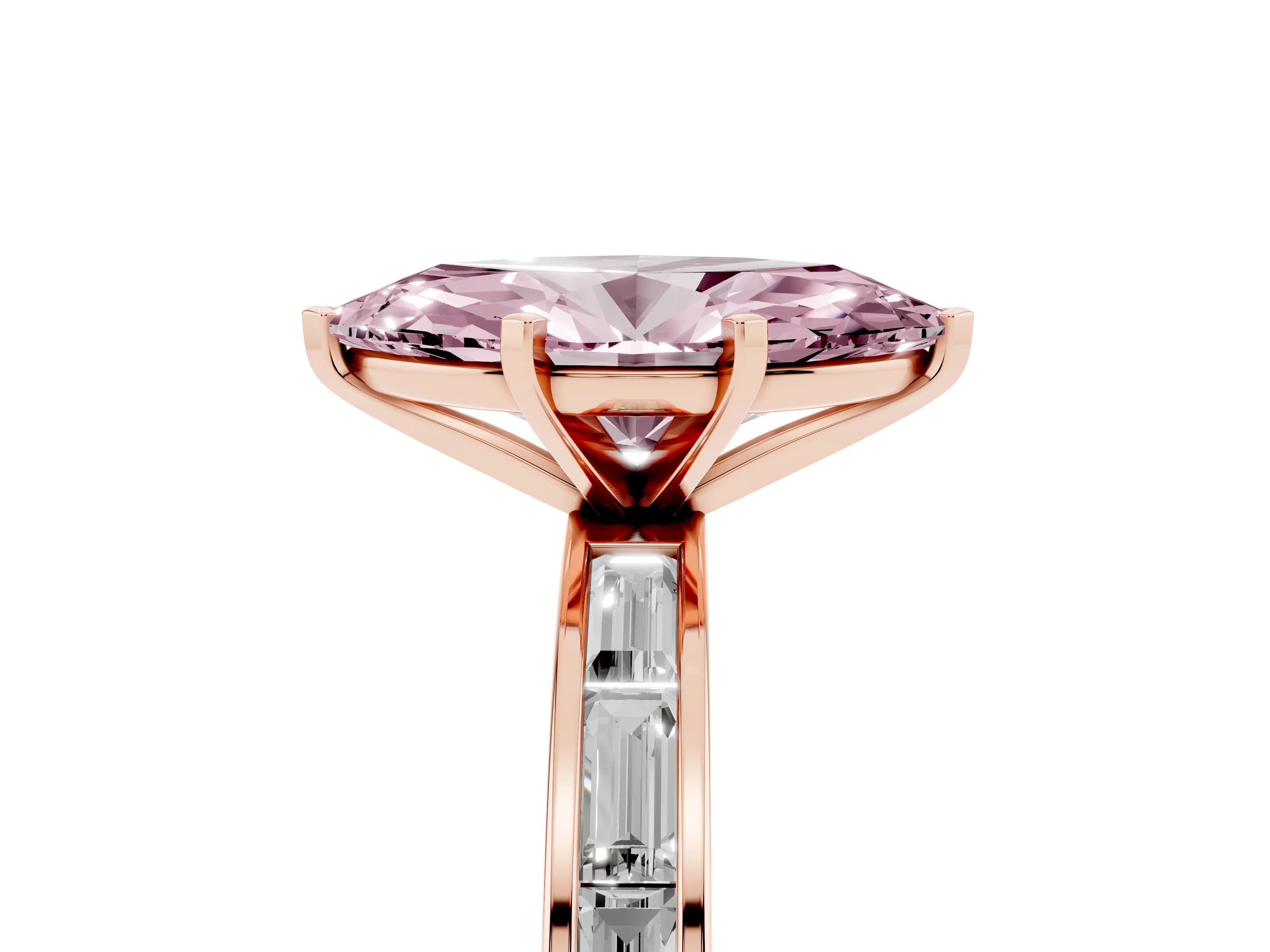 Fancy Pink Marquise Cut Diamond Solitaire Ring Set in Rose gold with Channel-Set Baguette Band and Prong Setting