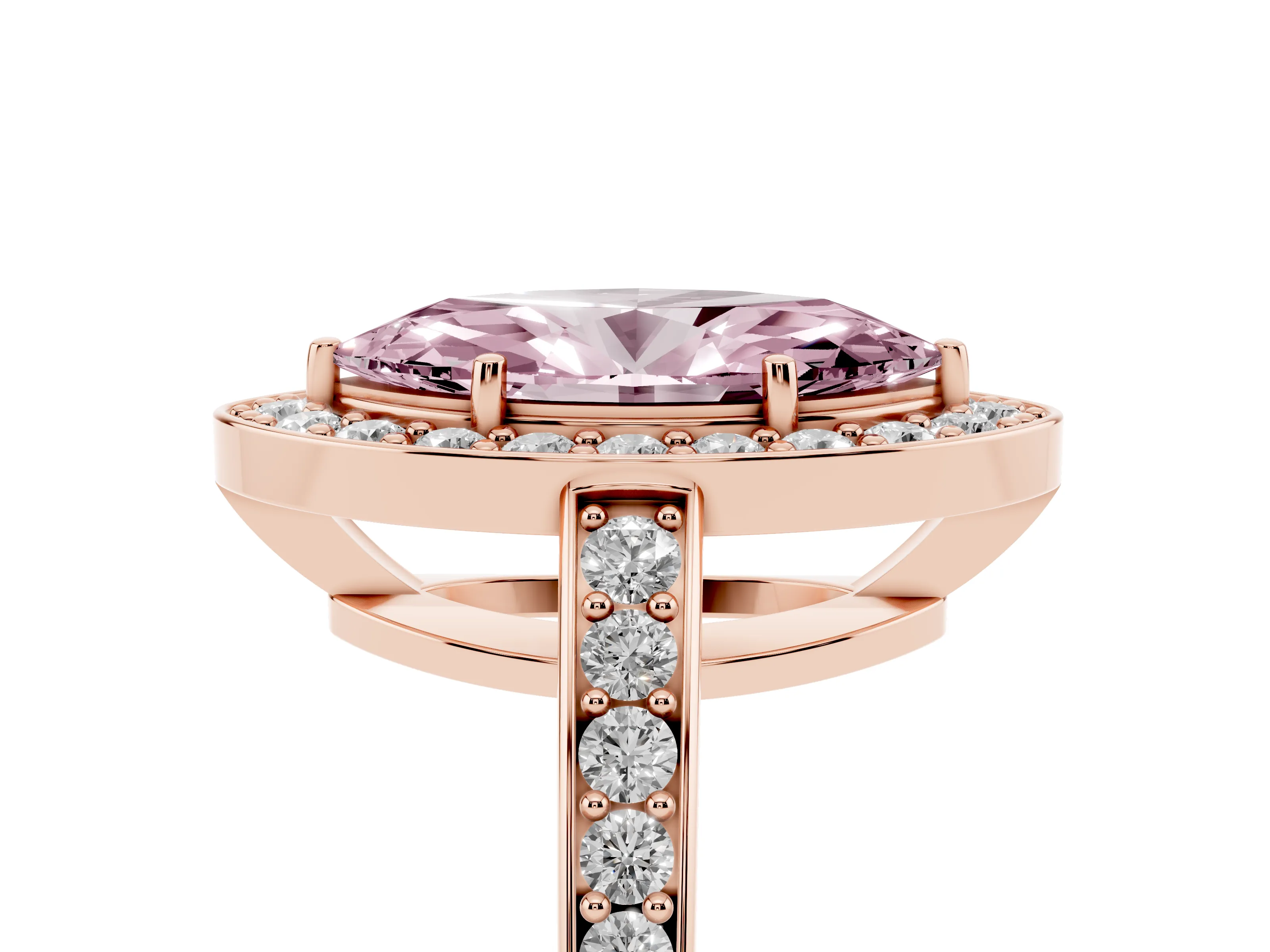 Fancy Pink Marquise Cut Diamond Halo Pavé Engagement Ring Set in Rose gold with Bezel Setting