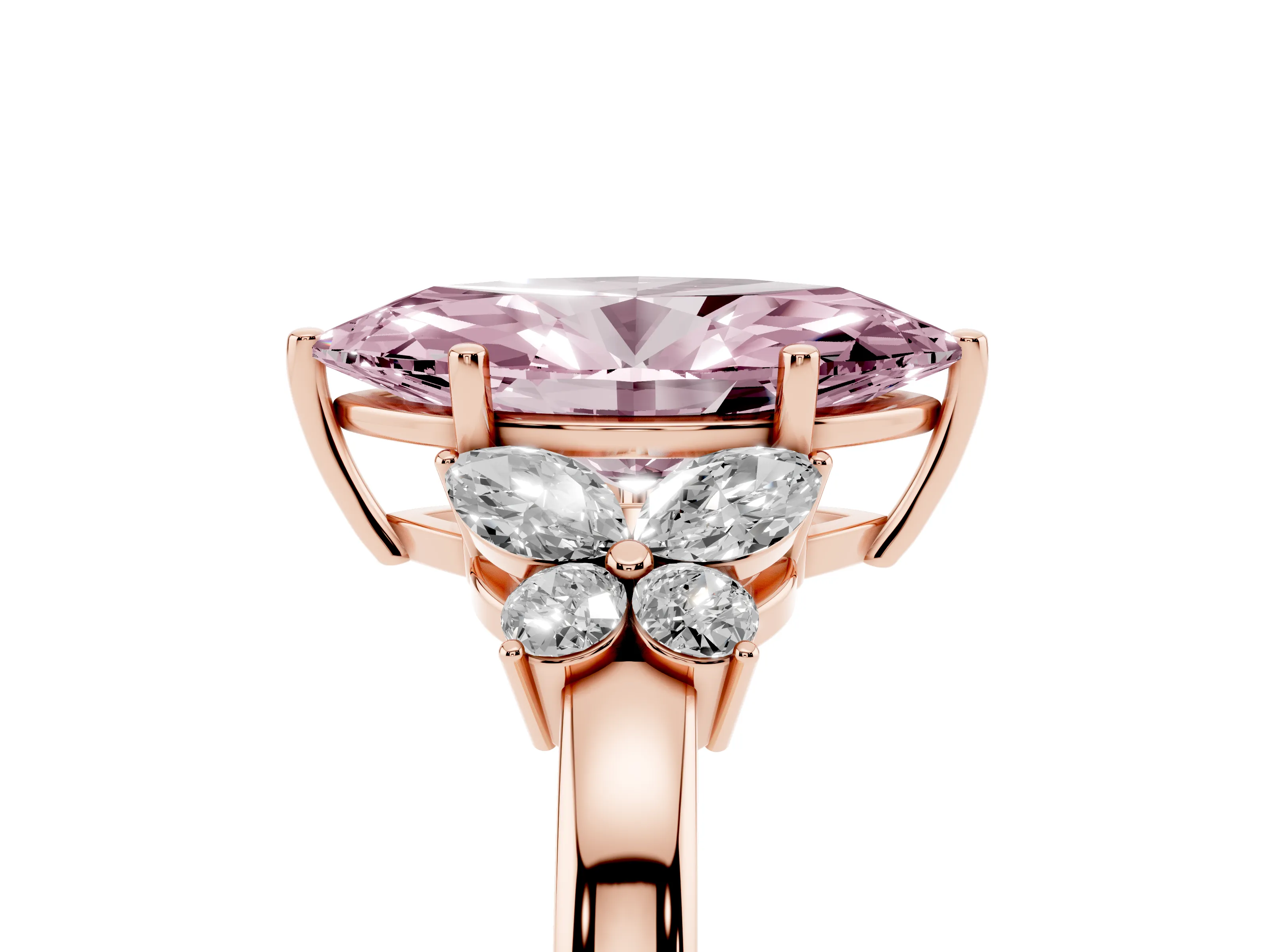 Fancy Pink Marquise Cut Diamond Solitaire Floral Ring Set in Rose gold with Marquise Petals and Prong Setting