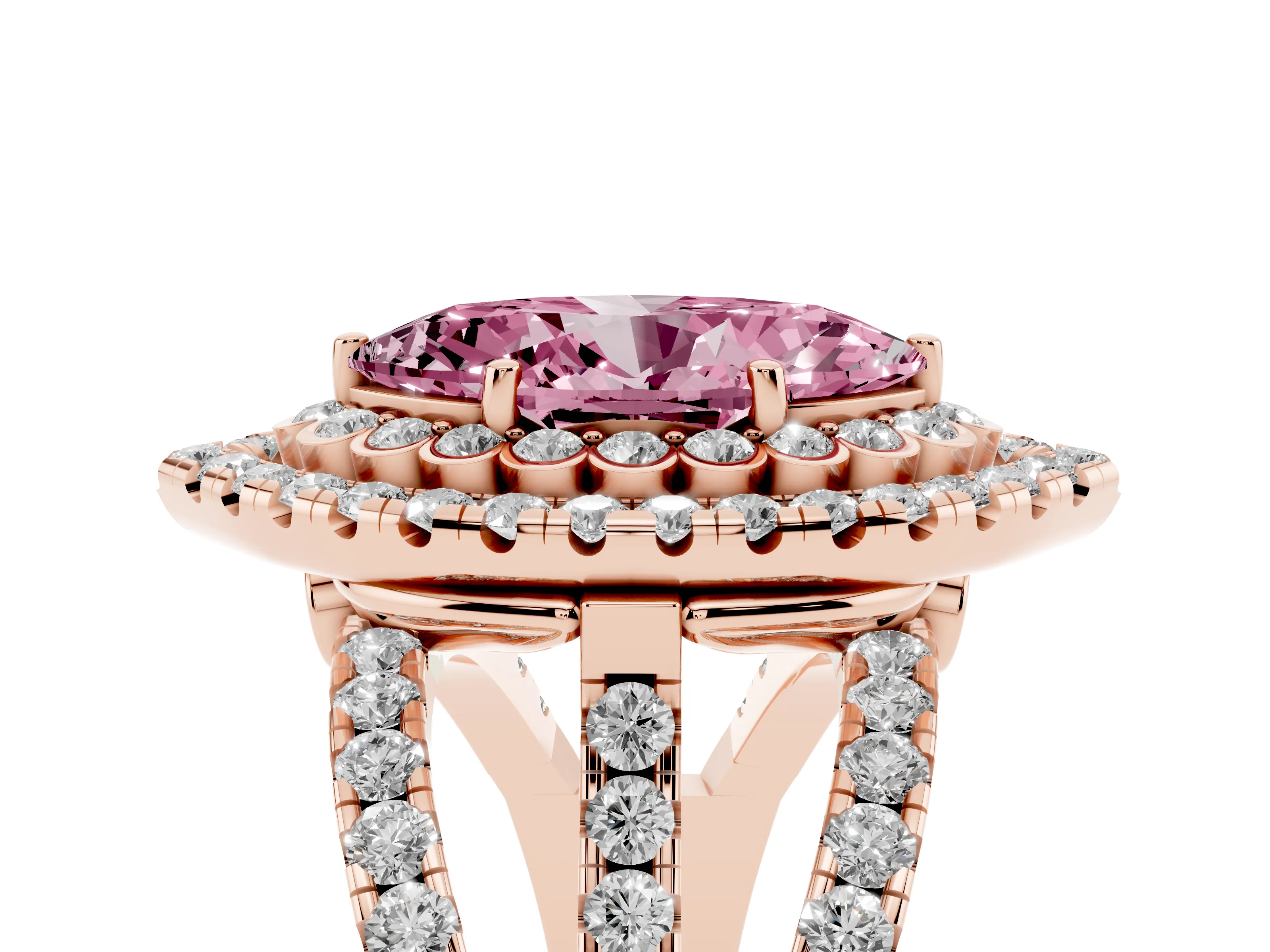 Fancy Pink Marquise Cut Diamond Double Halo Ring Set in Rose gold with Round Pavé Split Shank