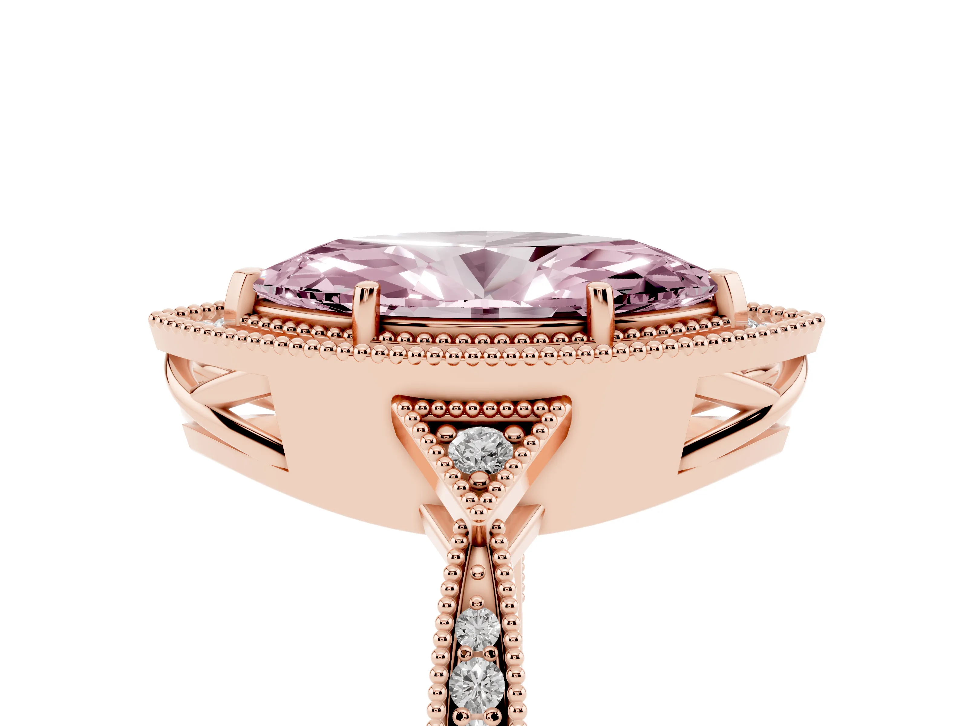 Fancy Pink Marquise Cut Diamond Halo Engagement Ring Set in Rose gold with Milgrain Pavé Band