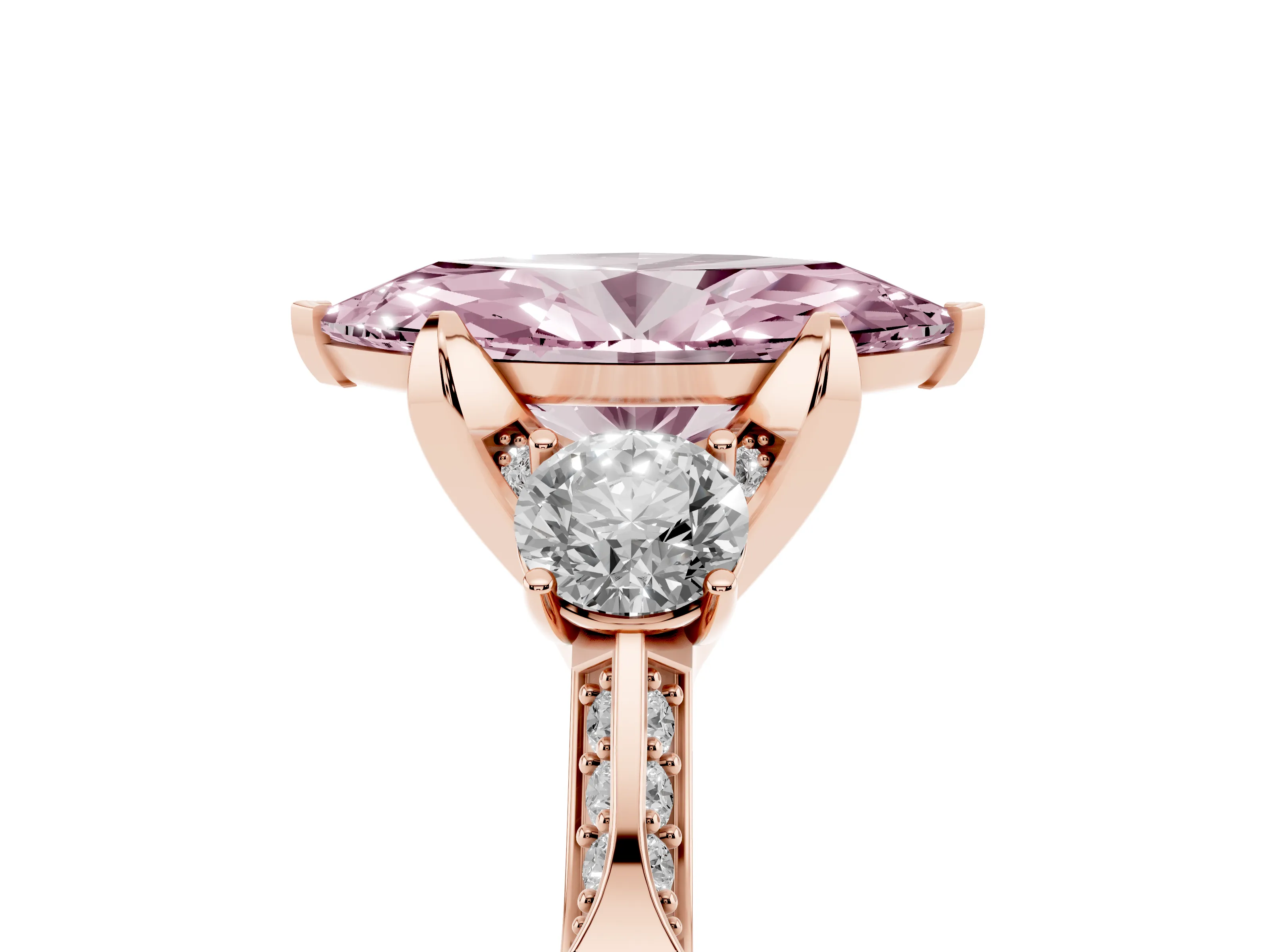Fancy Pink Marquise Cut Diamond Three-Stone Ring Set in Rose gold with Pavé Band and Smaller Side Stones