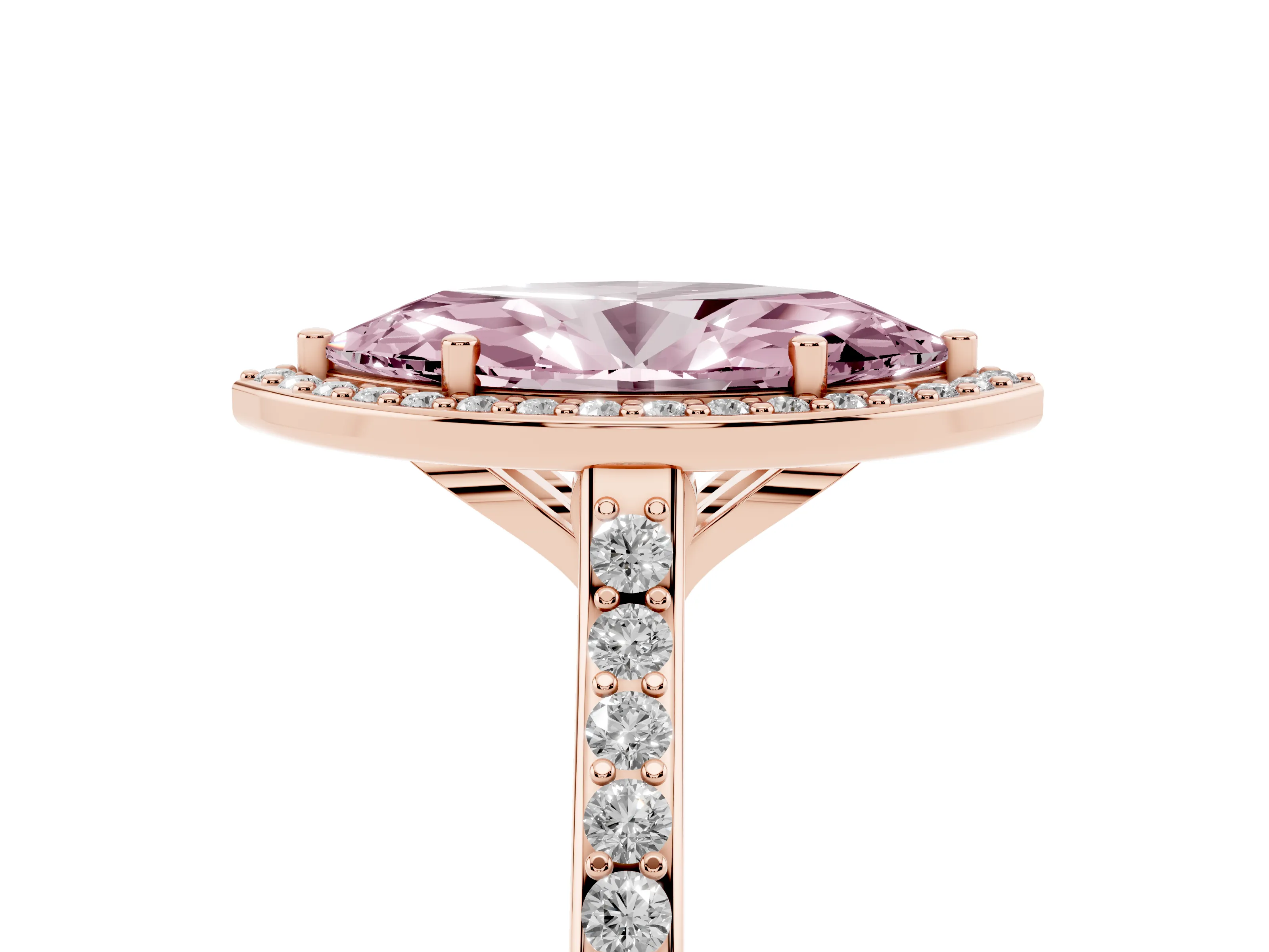 Fancy Pink Marquise Cut Diamond Halo Engagement Ring Set in Rose gold with Round Pavé Shoulders and Heart Gallery