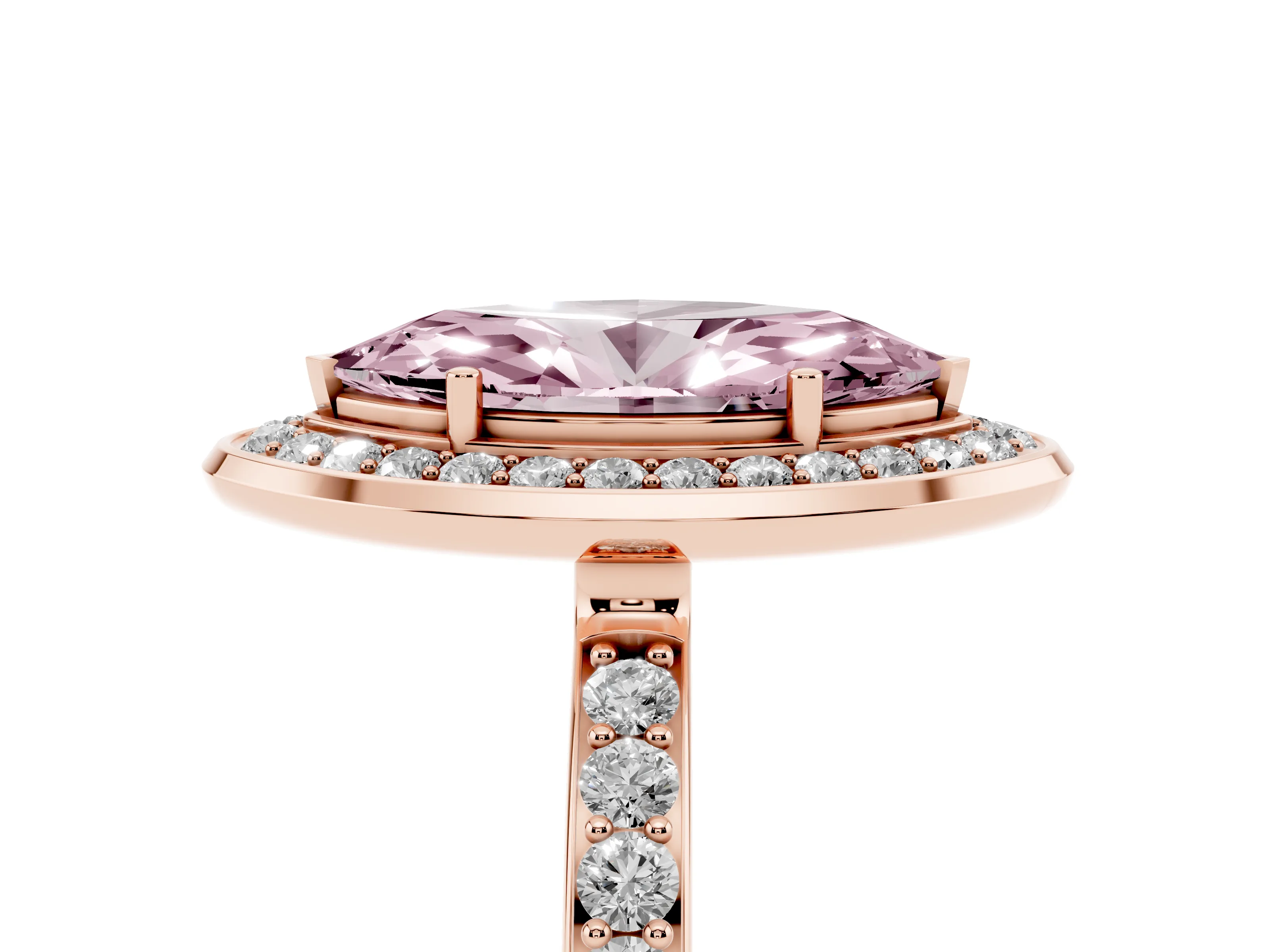 Fancy Pink Marquise Cut Diamond Halo Ring Set in Rose gold with Bezel Frame and Pavé Band