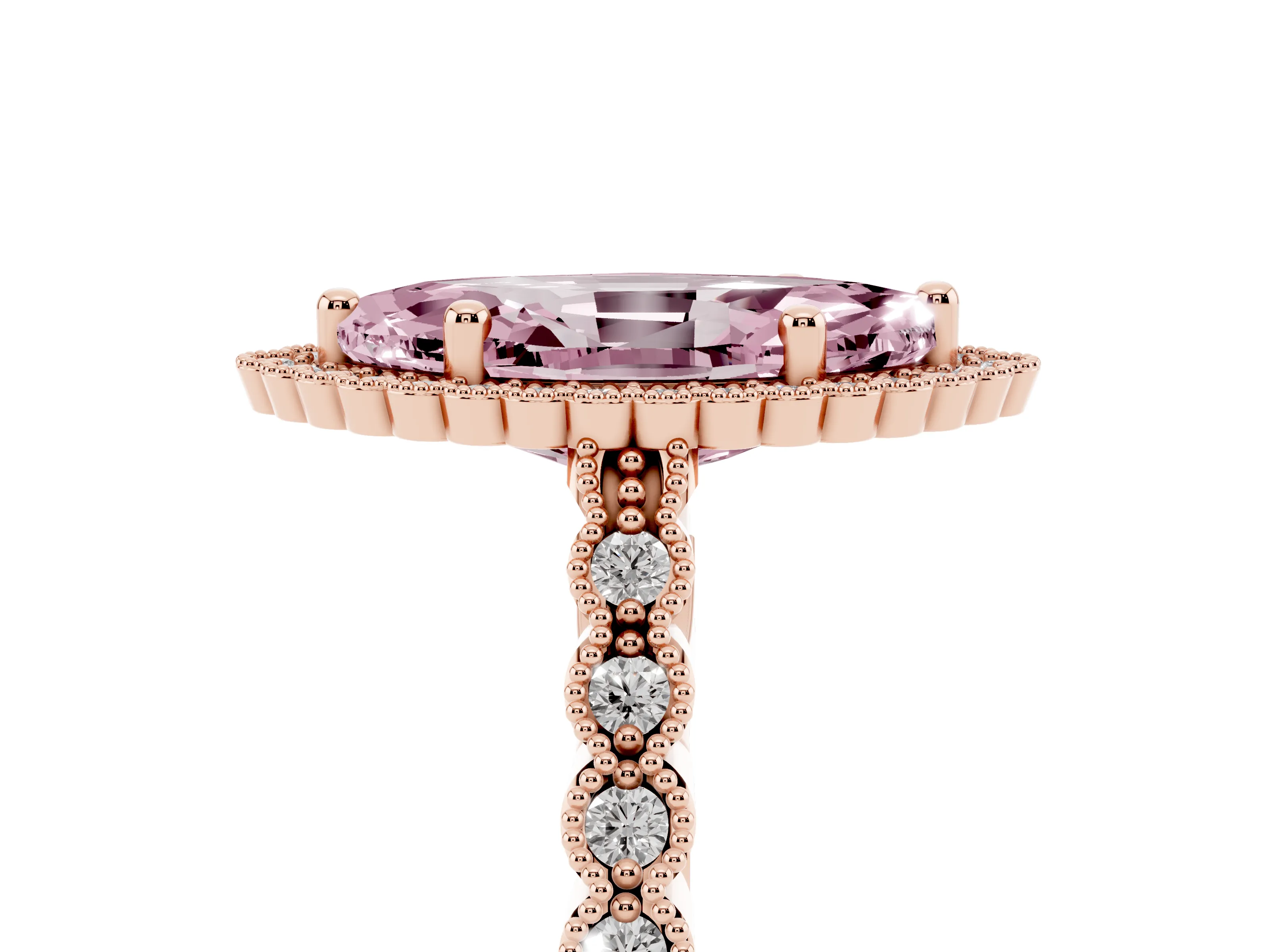 Fancy Pink Marquise Cut Diamond Halo Ring Set in Rose gold with Pavé Milgrain Band