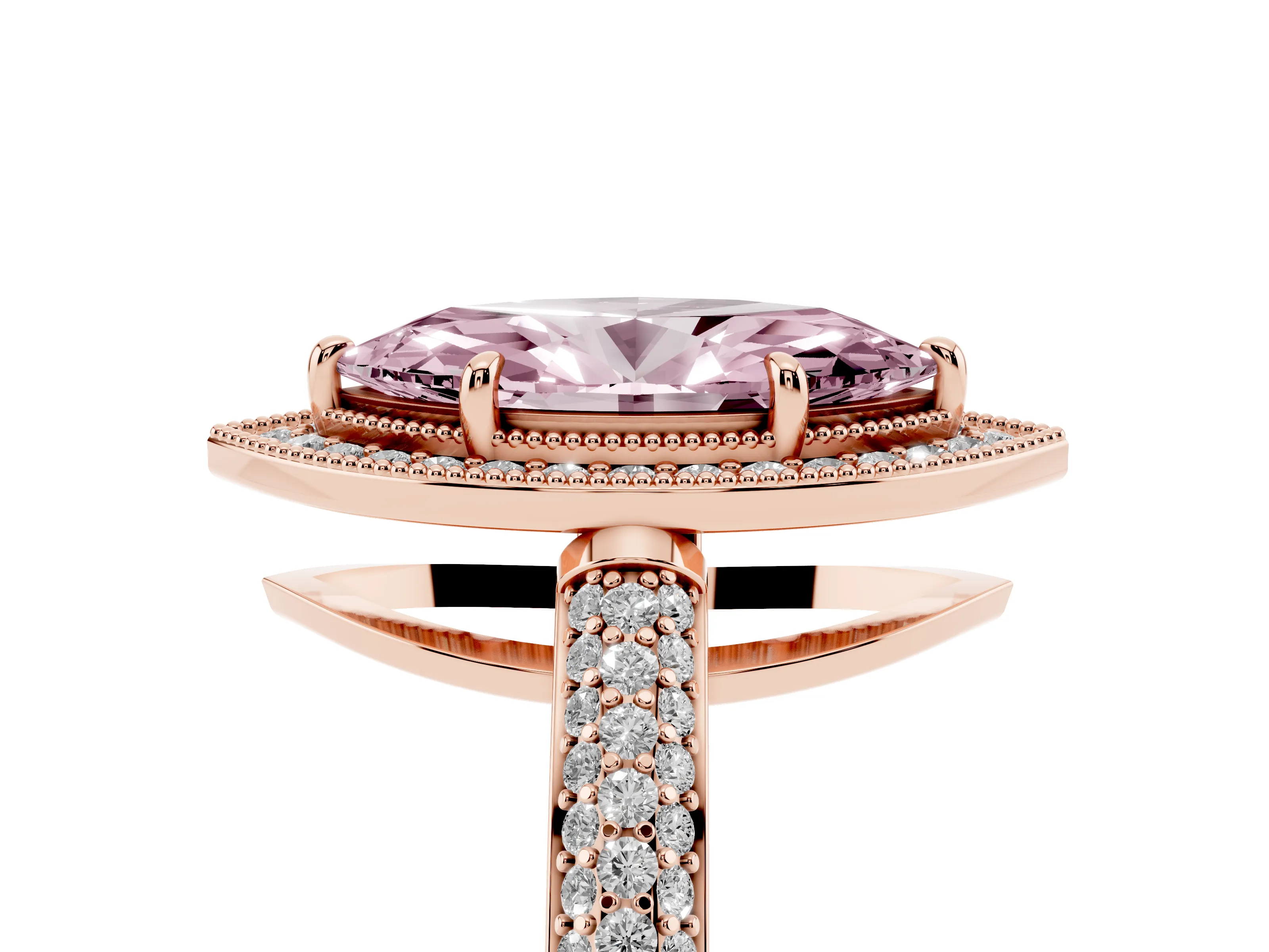 Fancy Pink Marquise Cut Diamond Halo Pavé Band Set in Rose gold with Prong Setting