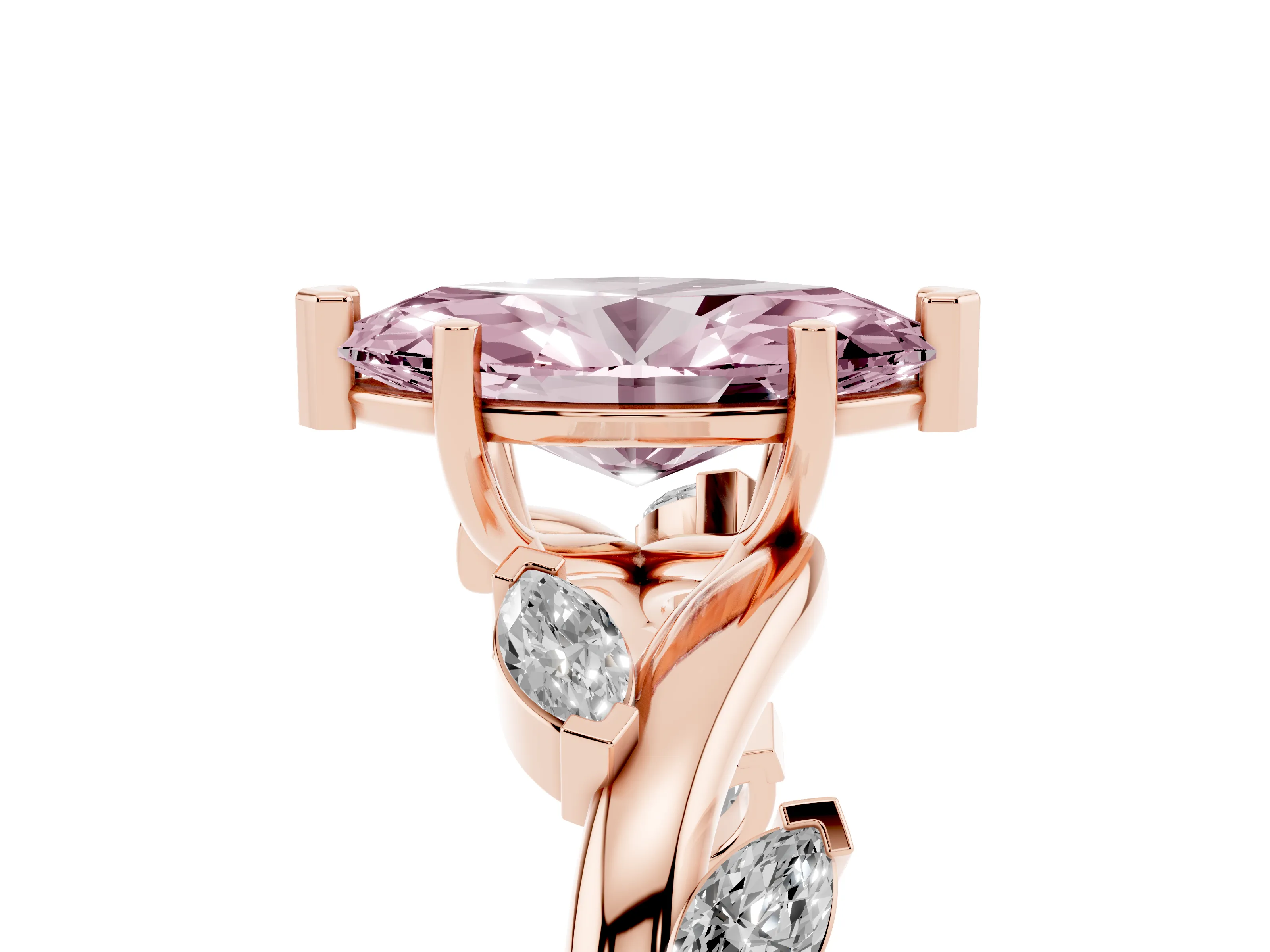 Fancy Pink Marquise Cut Diamond Solitaire Ring Set in Rose gold with Twisted Marquise Accent Band