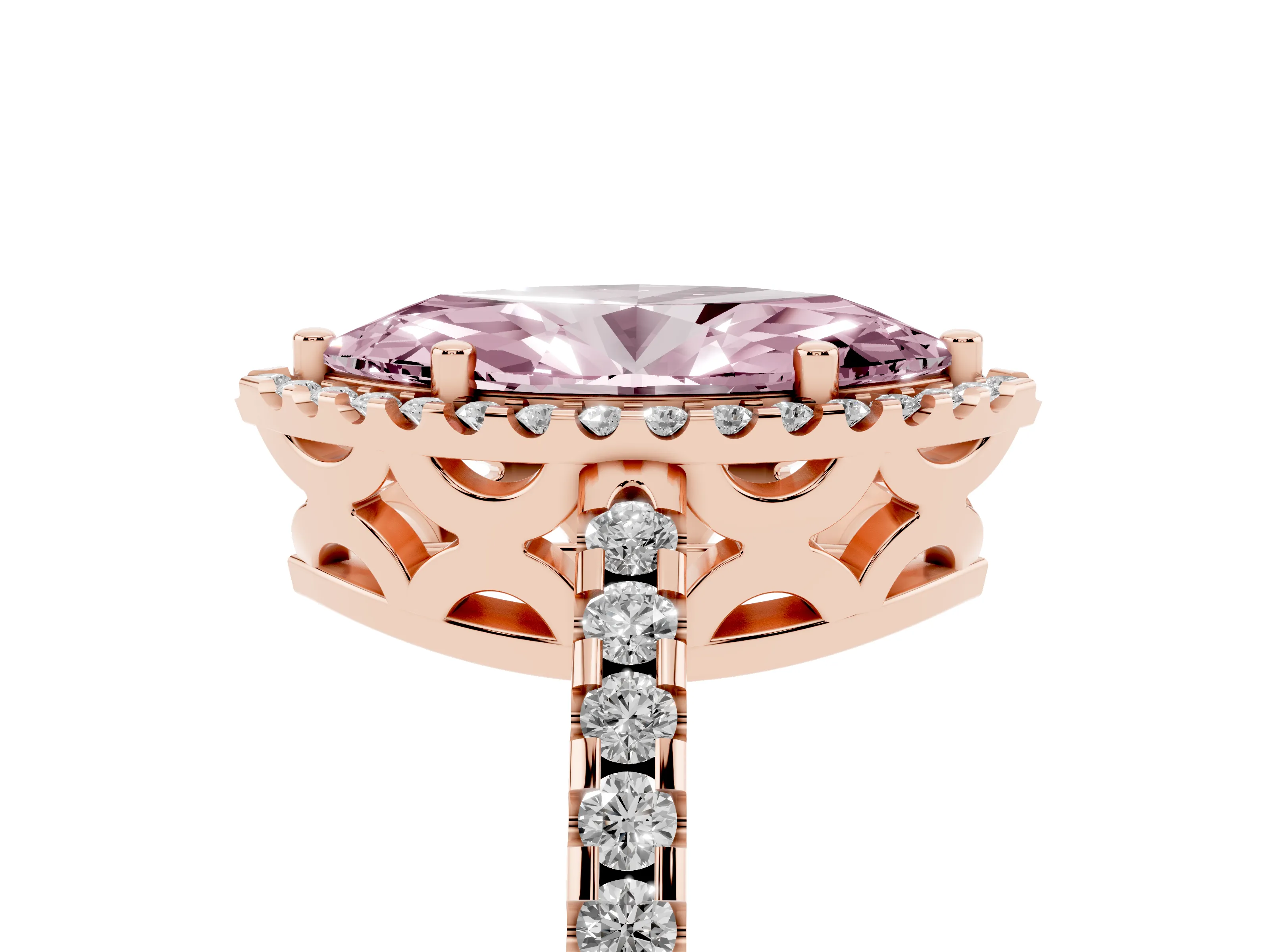 Fancy Pink Marquise Cut Diamond Halo Ring Set in Rose gold with Pavé Shoulders and Halo-Framed Center