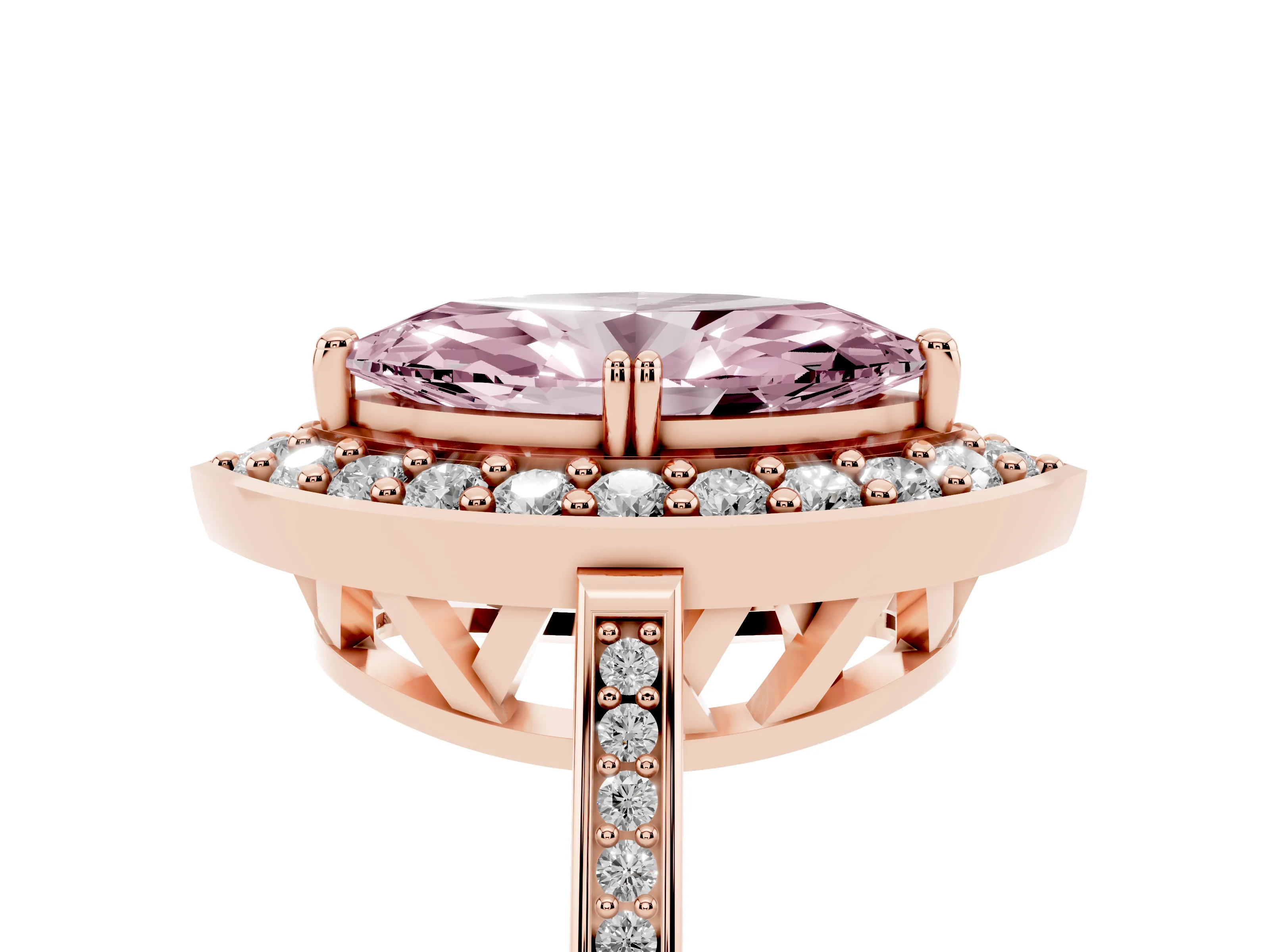 Fancy Pink Marquise Cut Diamond Halo Ring Set in Rose gold with Accent-Lined Split Shank and Prong Setting