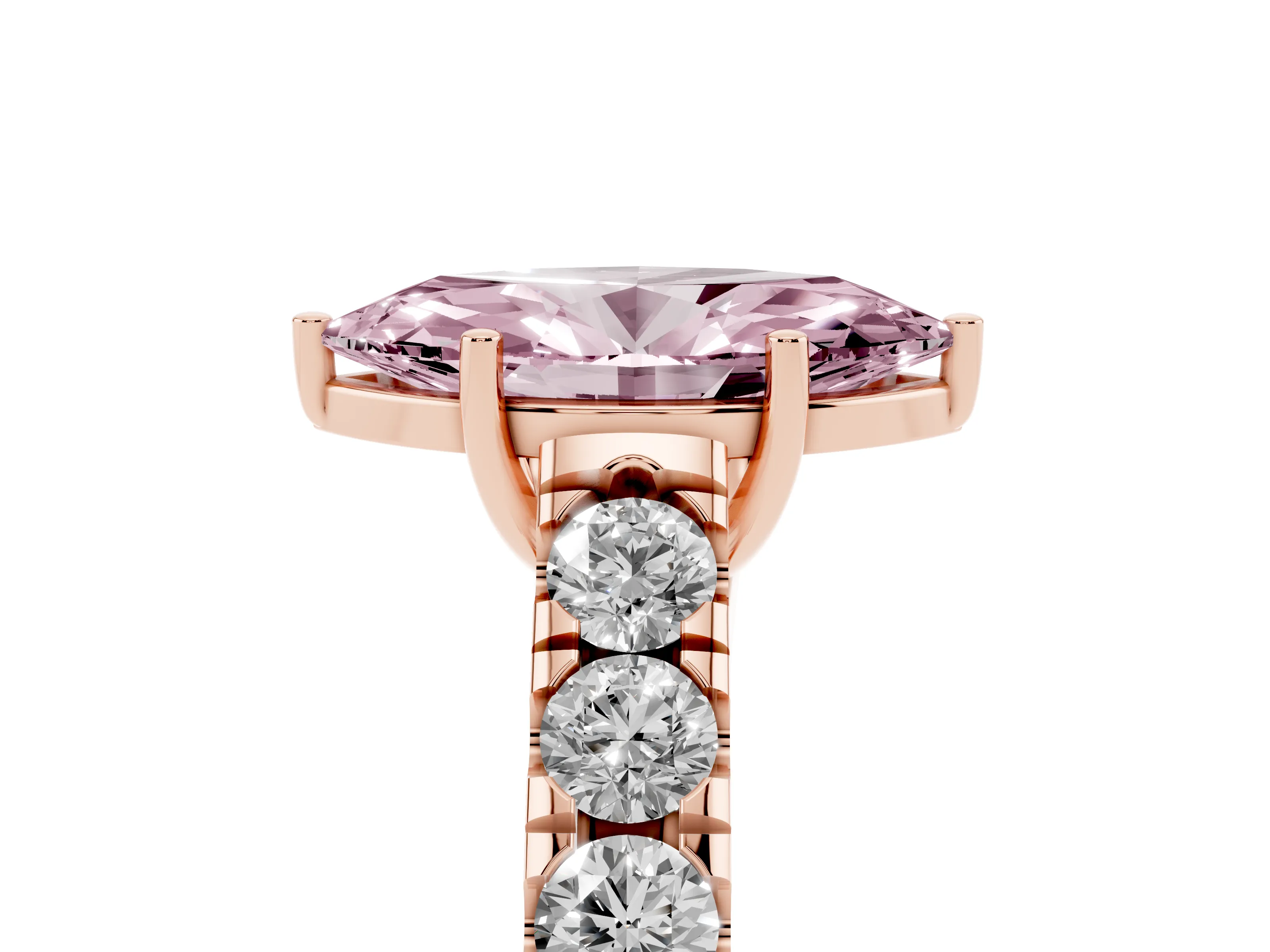 Fancy Pink Marquise Cut Diamond Solitaire Ring Set in Rose gold with Cut-Down Micro Pavé Band and Prong Setting