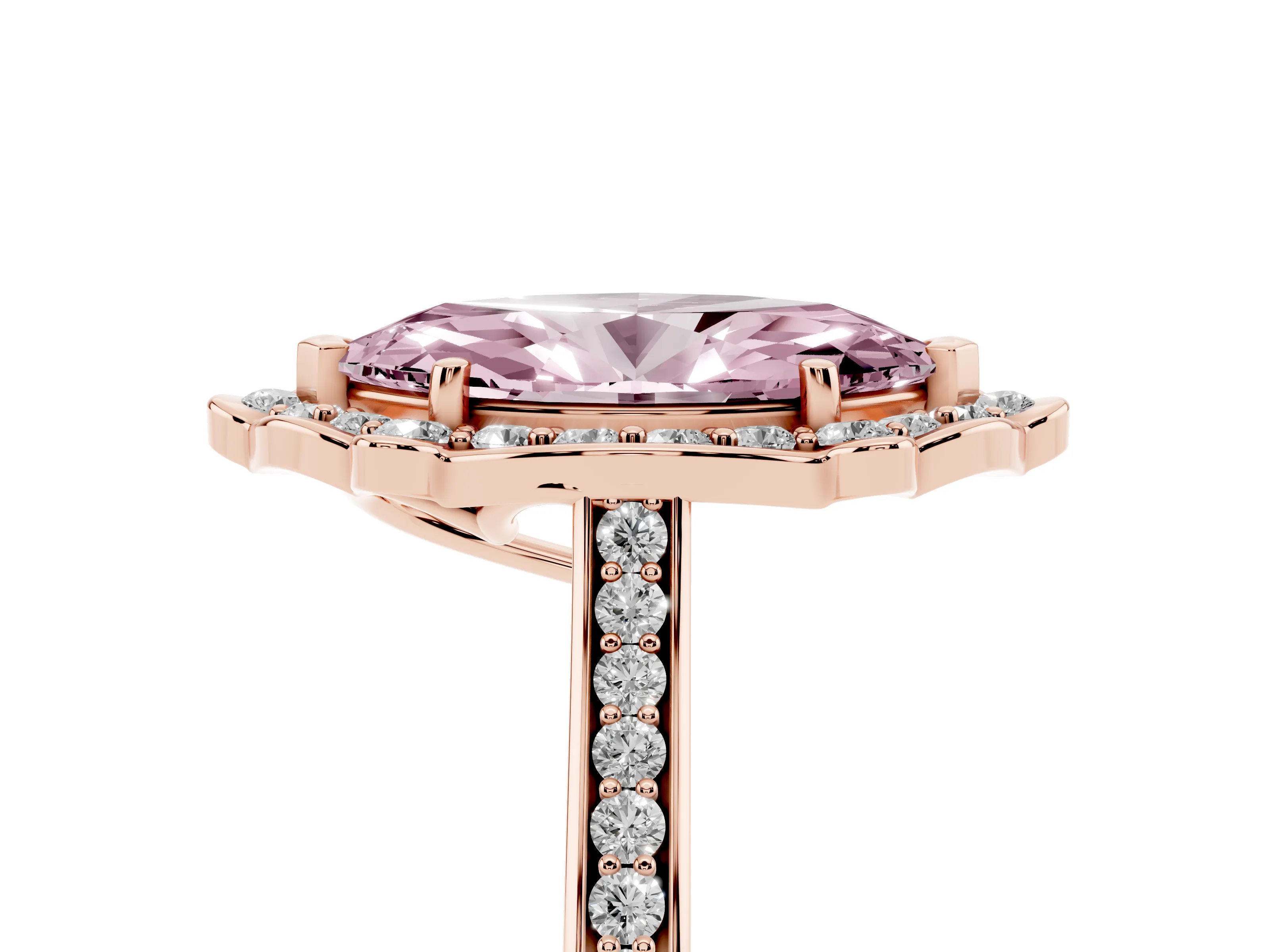 Fancy Pink Marquise Cut Diamond Halo Ring Set in Rose gold with Pavé-Lined Shoulders and Prong Setting