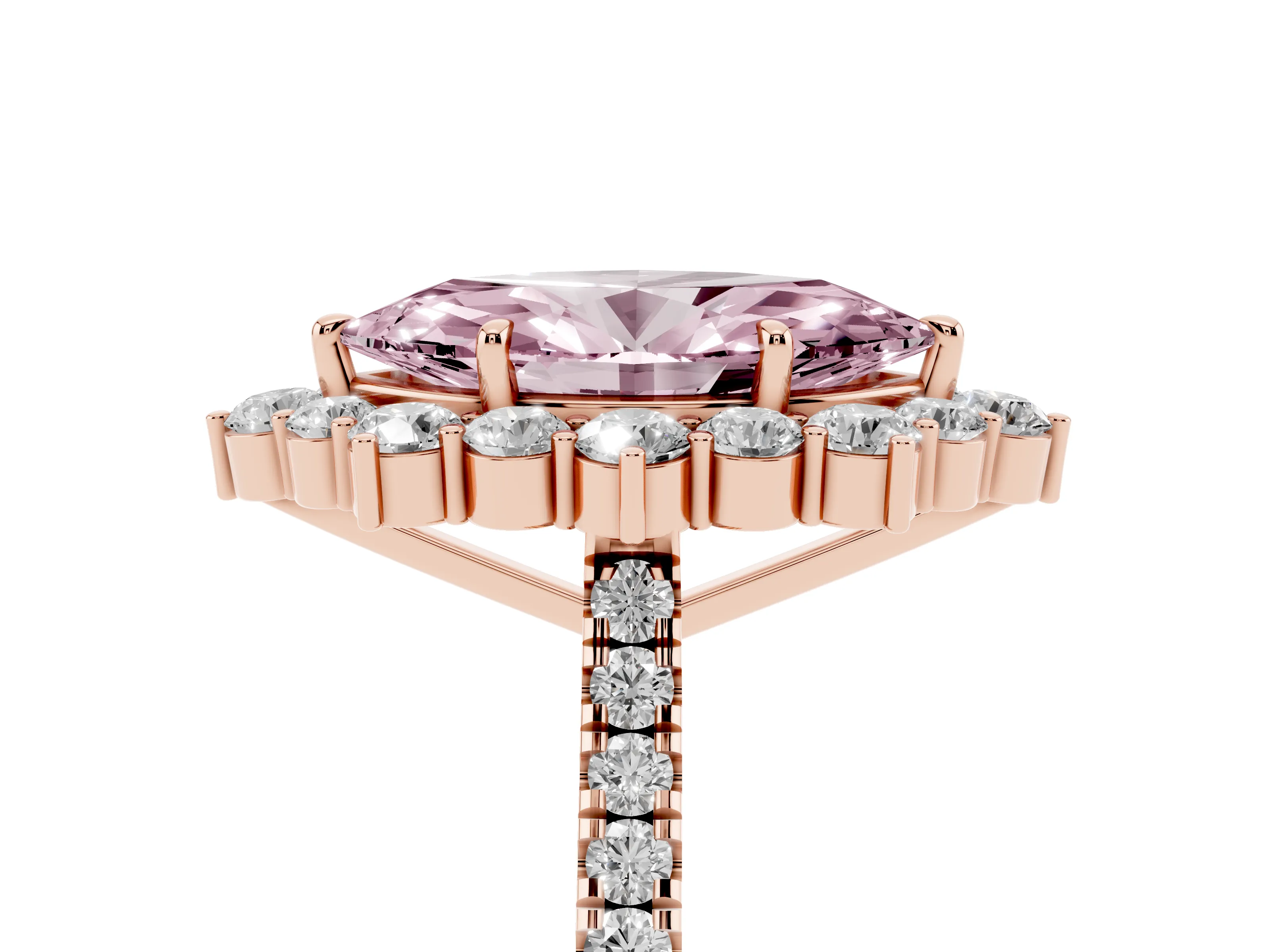 Fancy Pink Marquise Cut Diamond Halo Ring Set in Rose gold with Pavé Band and Prong Setting