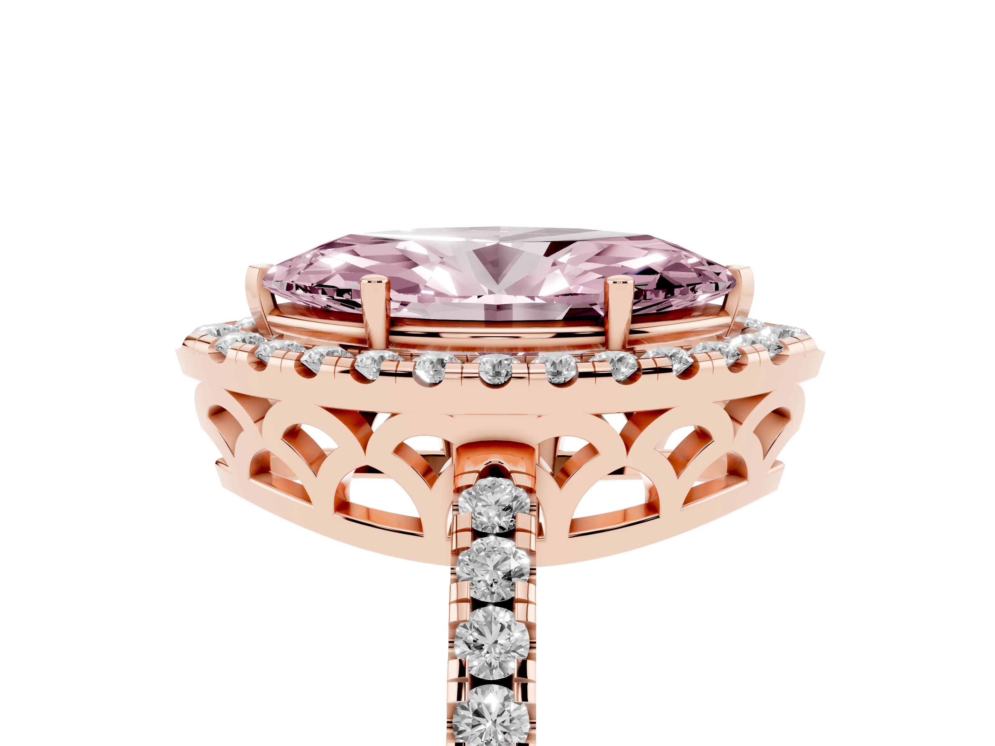 Fancy Pink Marquise Cut Diamond Pavé Band Halo Engagement Ring Set in Rose gold with Prong Setting