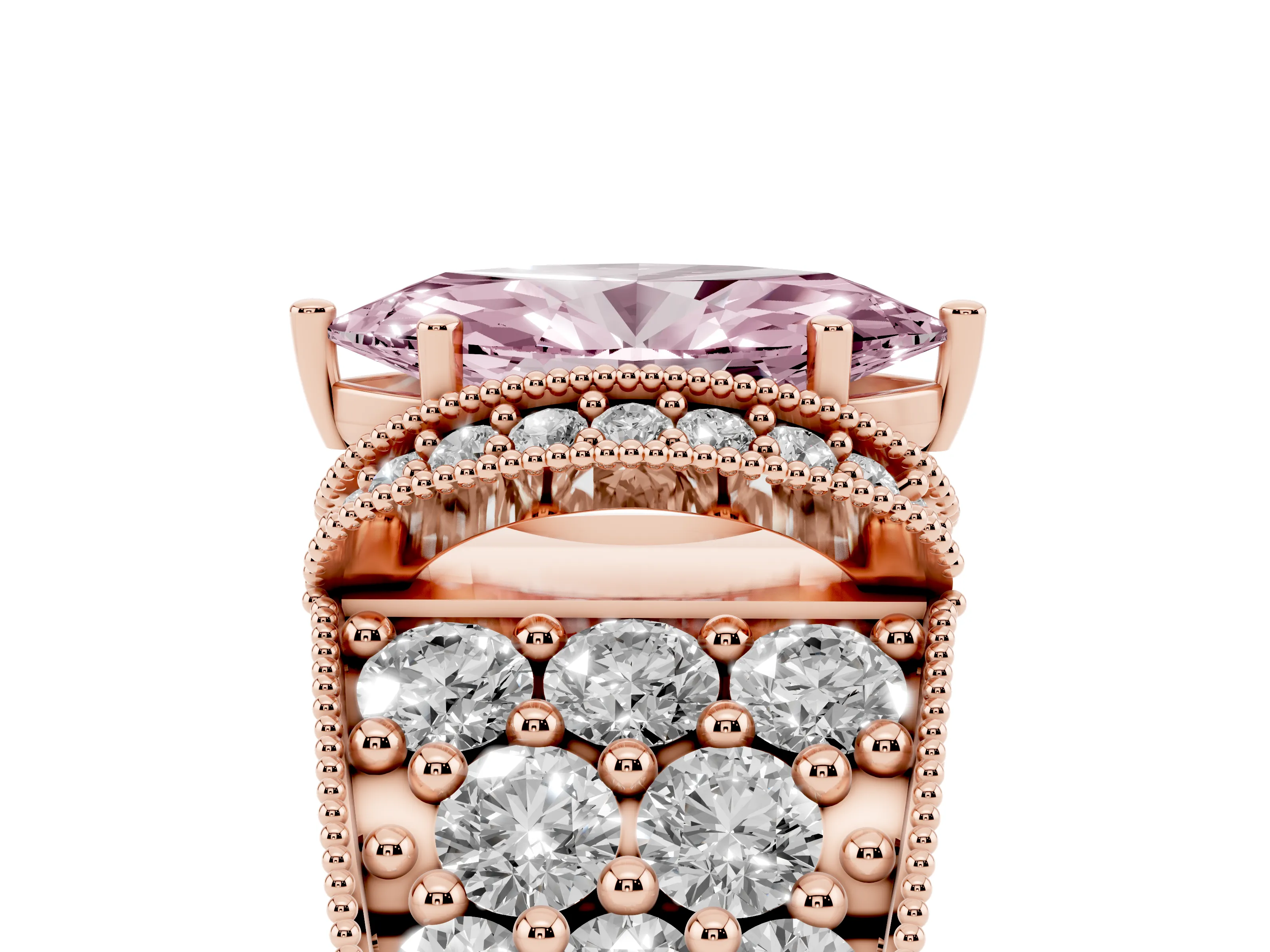 Fancy Pink Marquise Cut Diamond Milgrain Halo Pavé Engagement Ring Set in Rose gold with Prong Setting