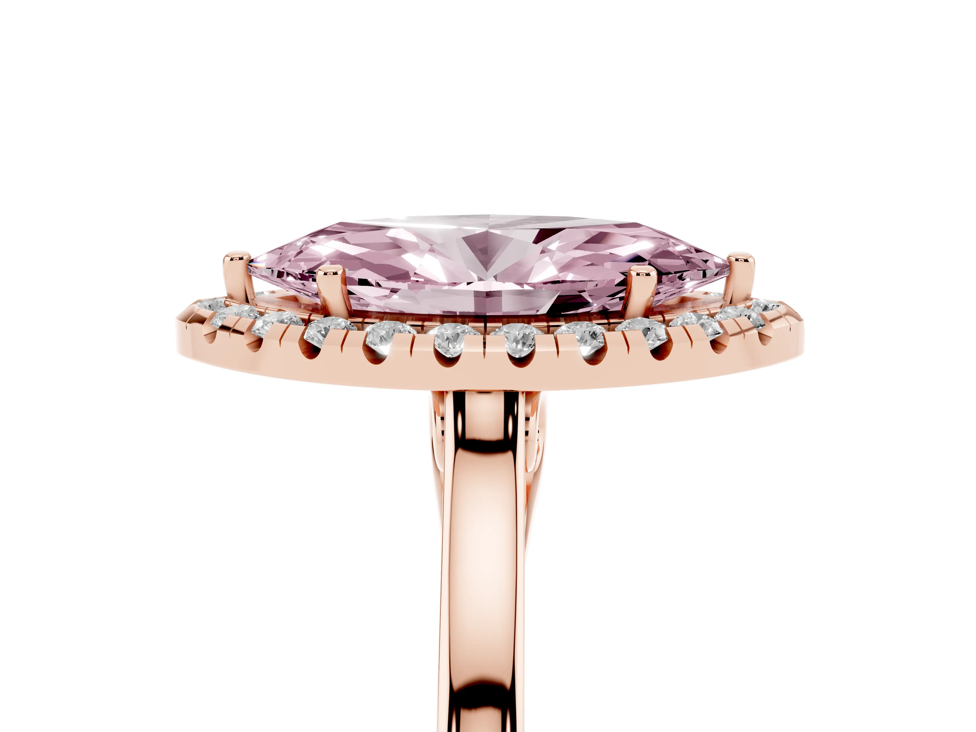 Fancy Pink Marquise Cut Halo Round Diamond Solitaire Ring Set in Rose gold with Pavé Band and Prong Setting