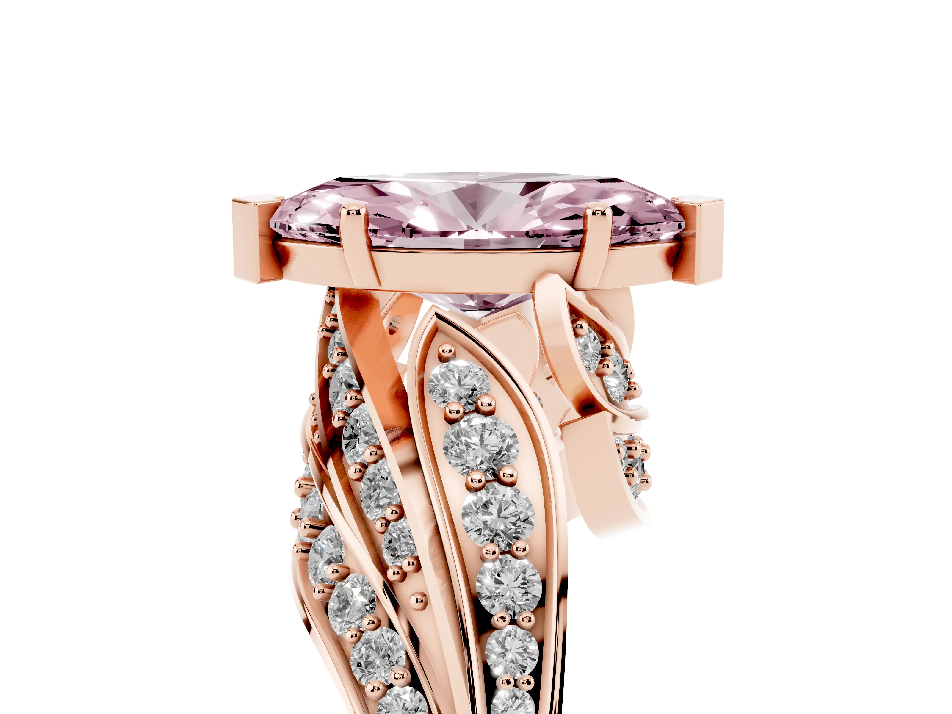 Fancy Pink Marquise Cut Diamond Solitaire Ring Set in Rose gold with Layered Twist Pavé Band