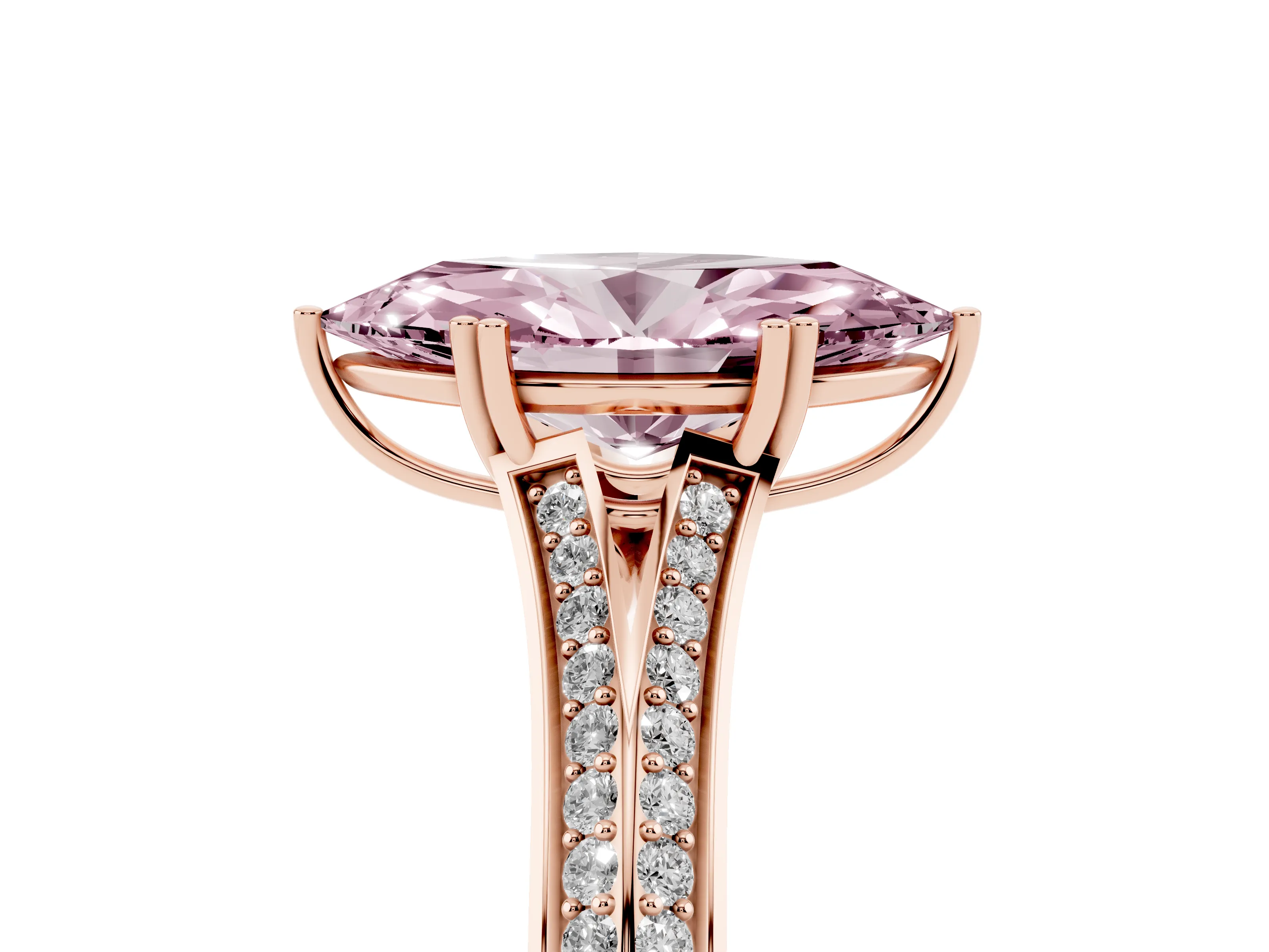 Fancy Pink Marquise Cut Diamond Split Shank Pavé Engagement Ring Set in Rose gold with Prong-Set Center Stone