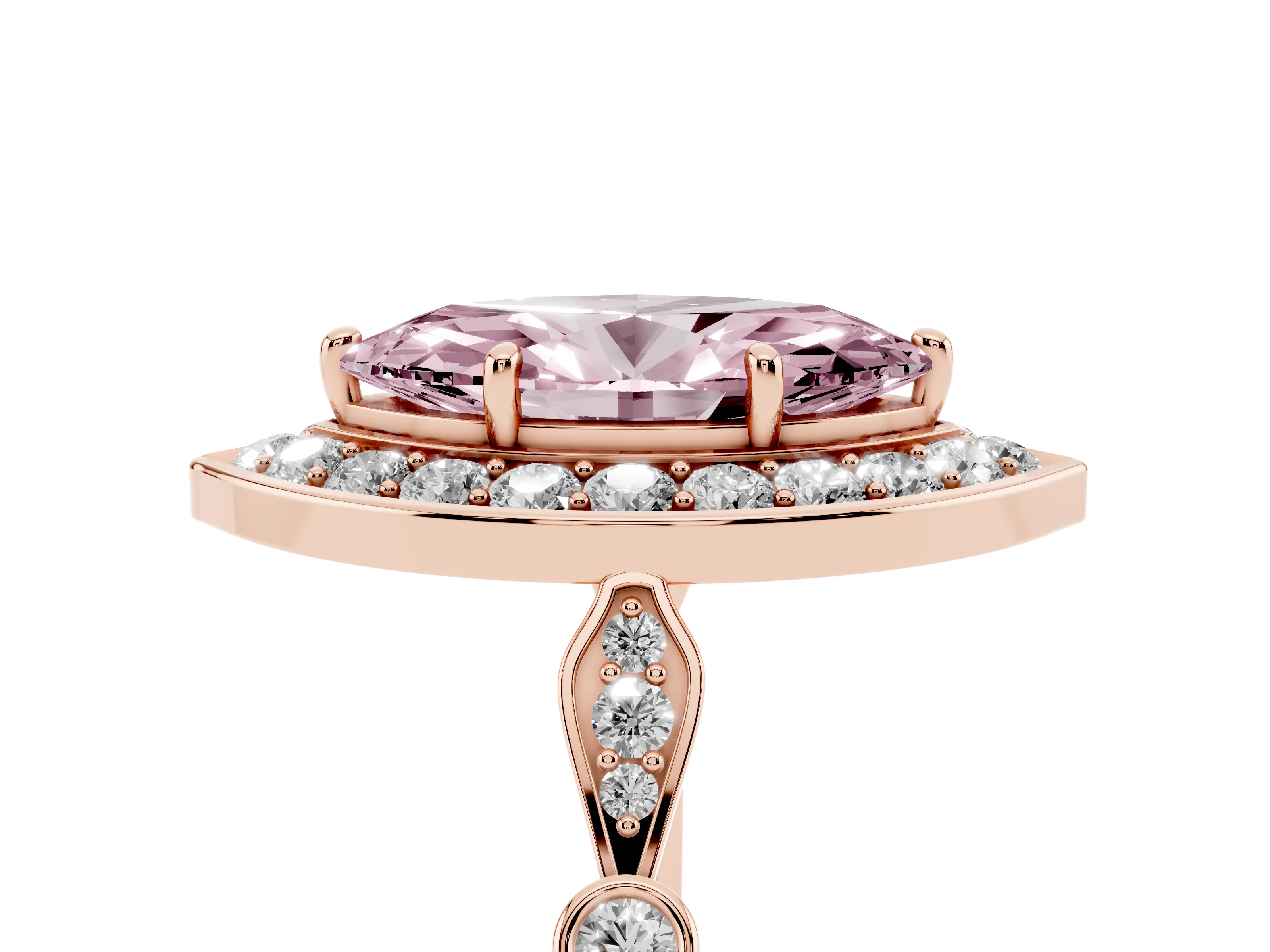 Fancy Pink Marquise Cut Diamond Halo Engagement Ring Set in Rose gold with Twisted Band and Prong Setting