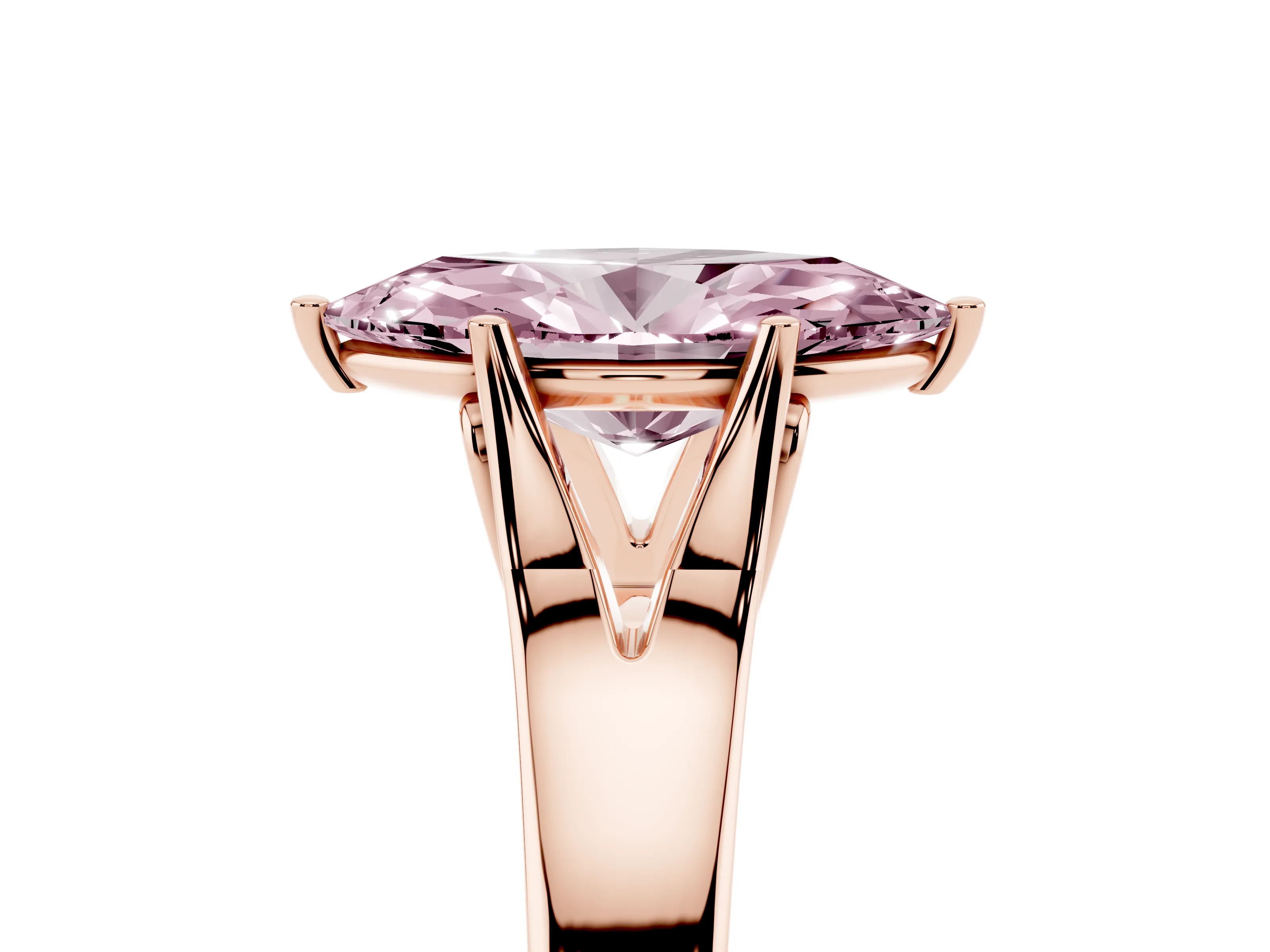 Fancy Pink Marquise Cut Diamond Solitaire Ring Set in Rose gold with Arched Cathedral Band and Prong Setting