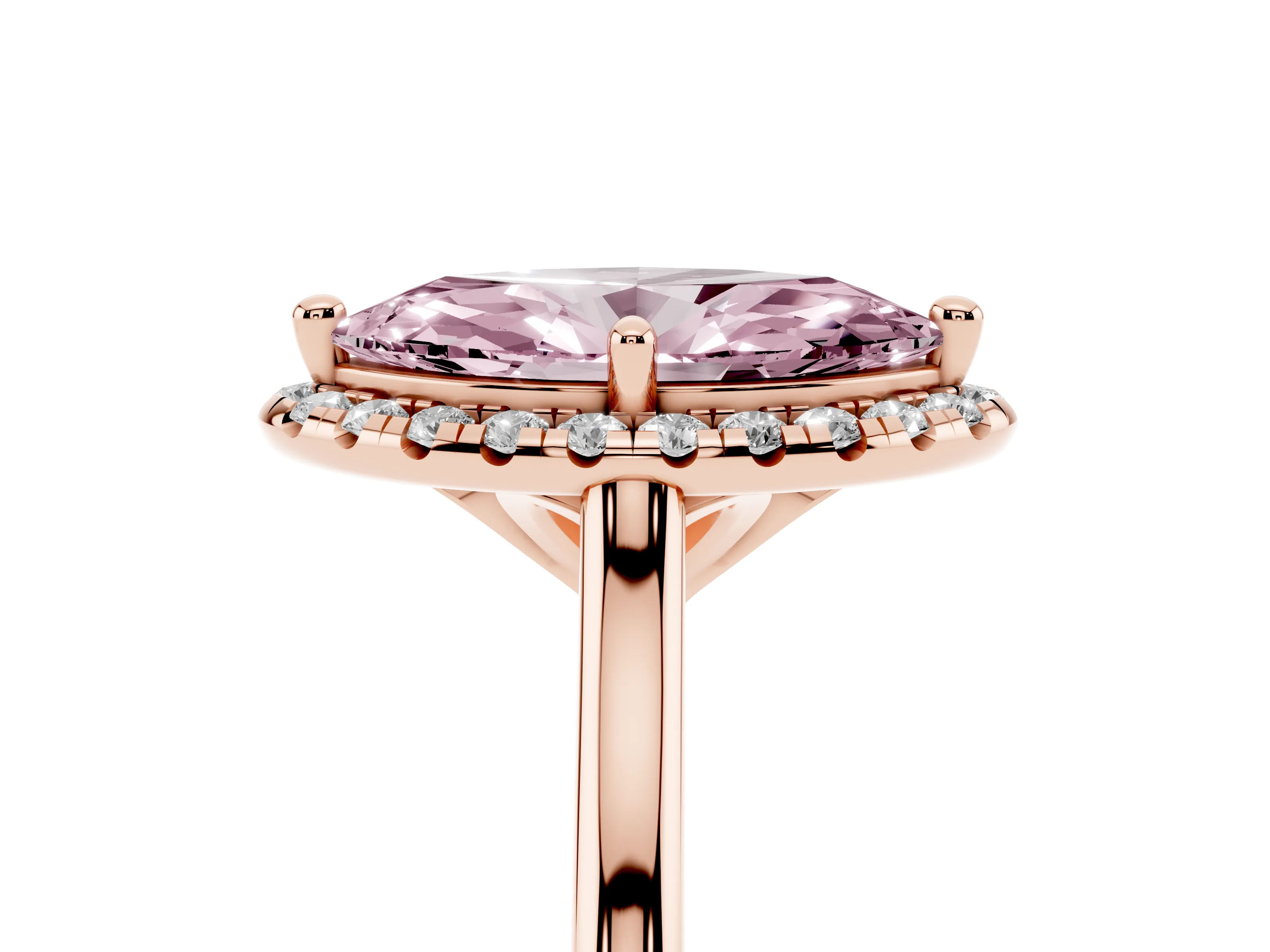 Fancy Pink Marquise Cut Diamond Halo Engagement Ring Set in Rose gold with Pavé Band and Rising Shoulders