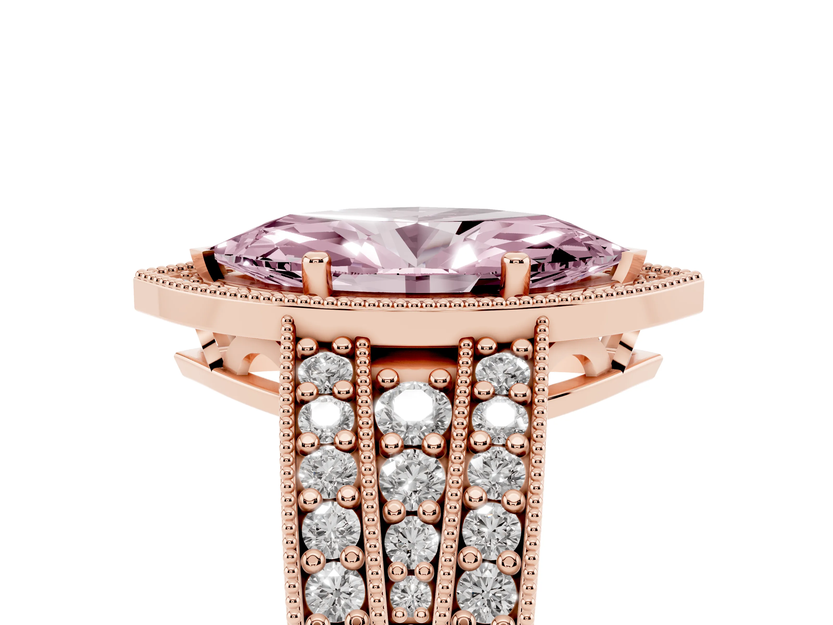 Fancy Pink Marquise Cut Diamond Halo Ring Set in Rose gold with Accent Split Shank and Prong Setting