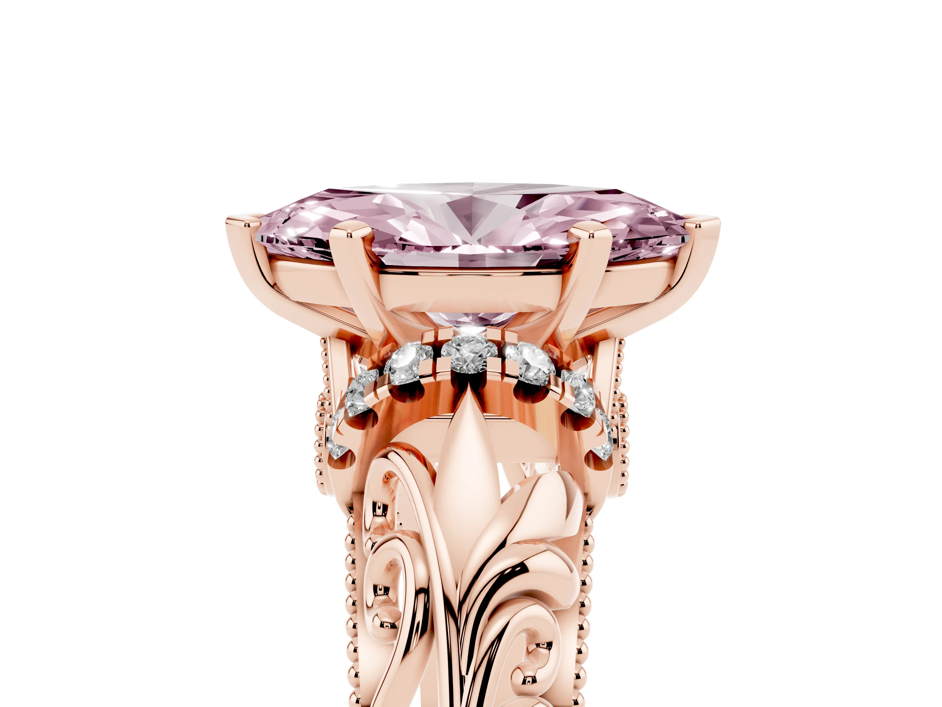 Fancy Pink Marquise Cut Diamond Filigree Halo Engagement Ring Set in Rose gold with Prong Setting