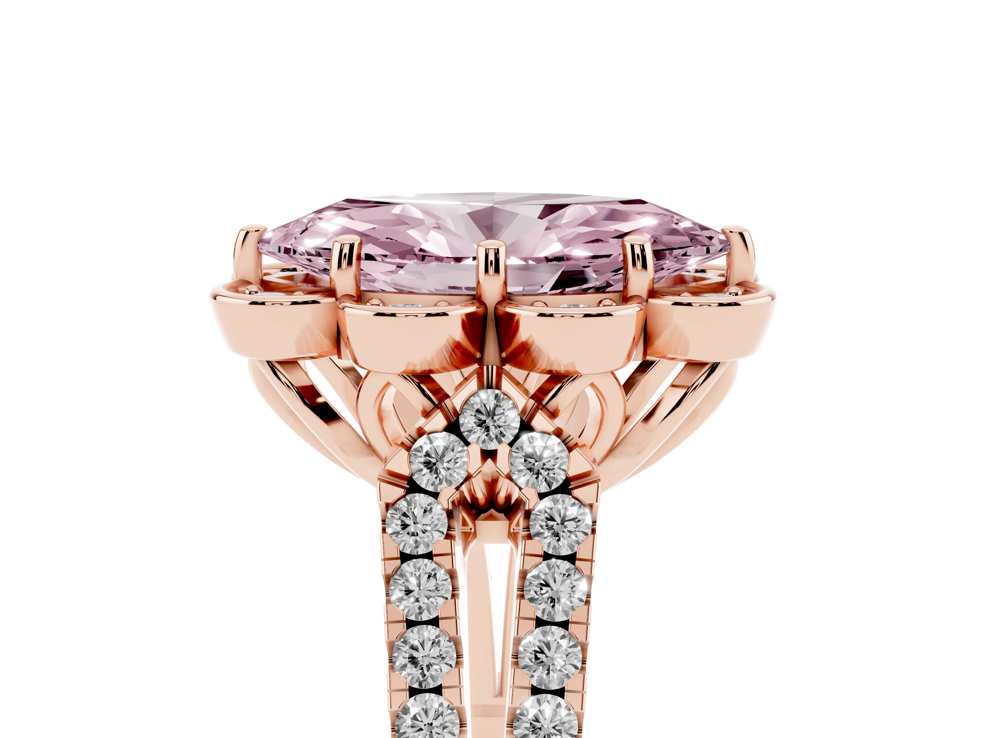 Fancy Pink Marquise Cut Diamond Floral Halo Split Shank Engagement Ring Set in Rose gold with Pavé Shank