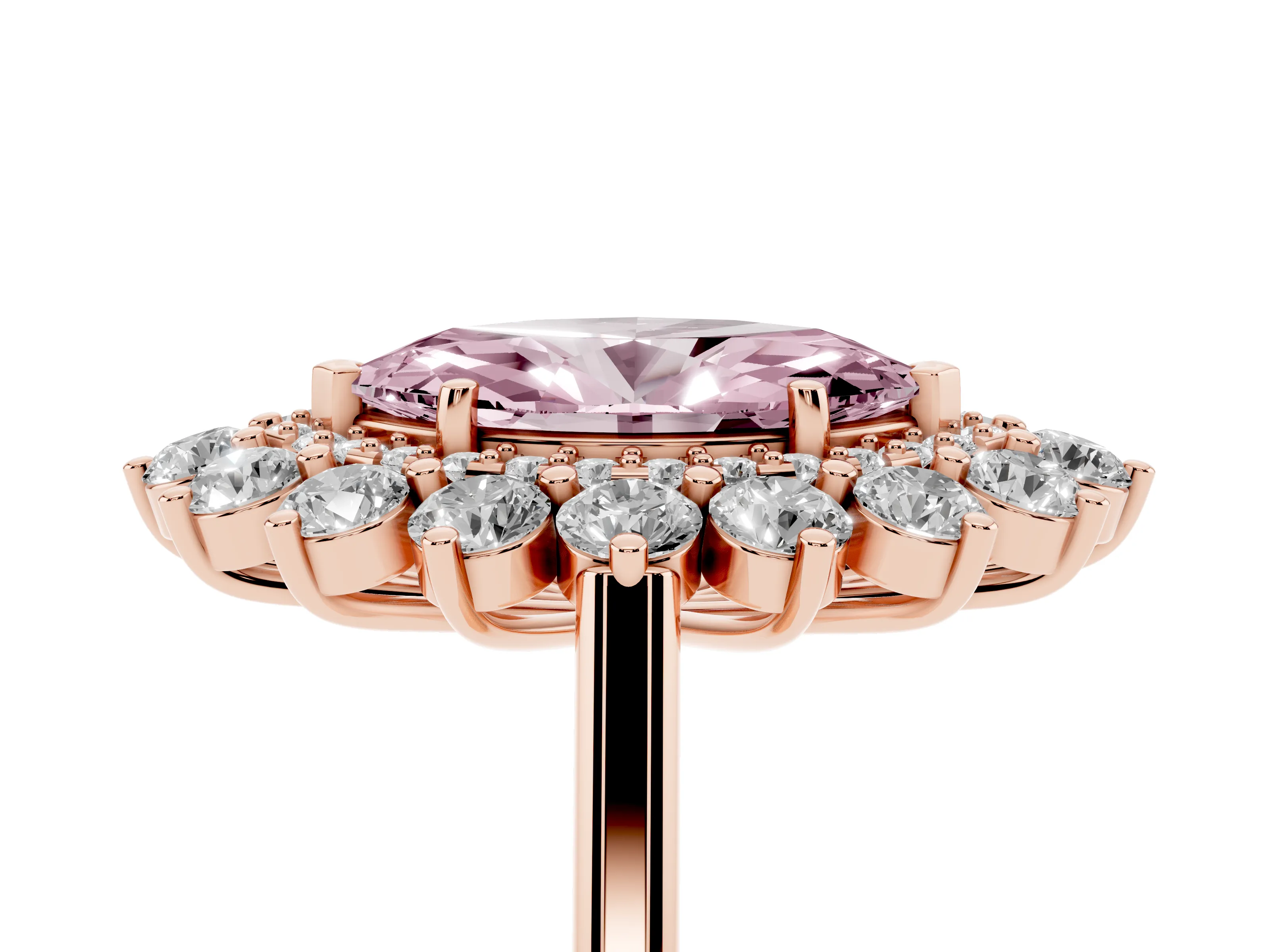 Fancy Pink Marquise Cut Diamond Floral Double Halo Ring Set in Rose gold with Round Petals