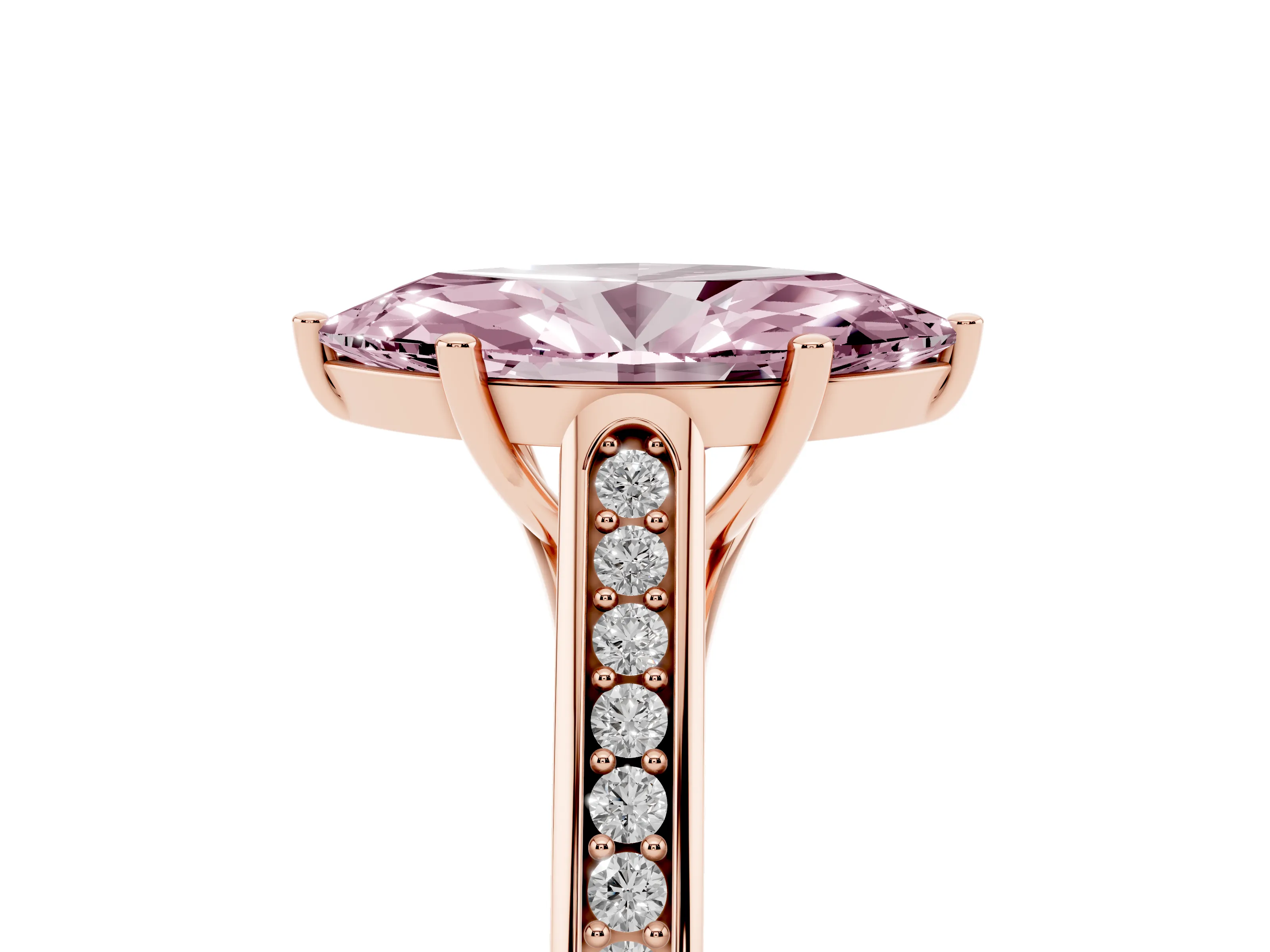Fancy Pink Marquise Cut Diamond Solitaire Cathedral Engagement Ring Set in Rose gold with Channel-Set Band and Prong Setting