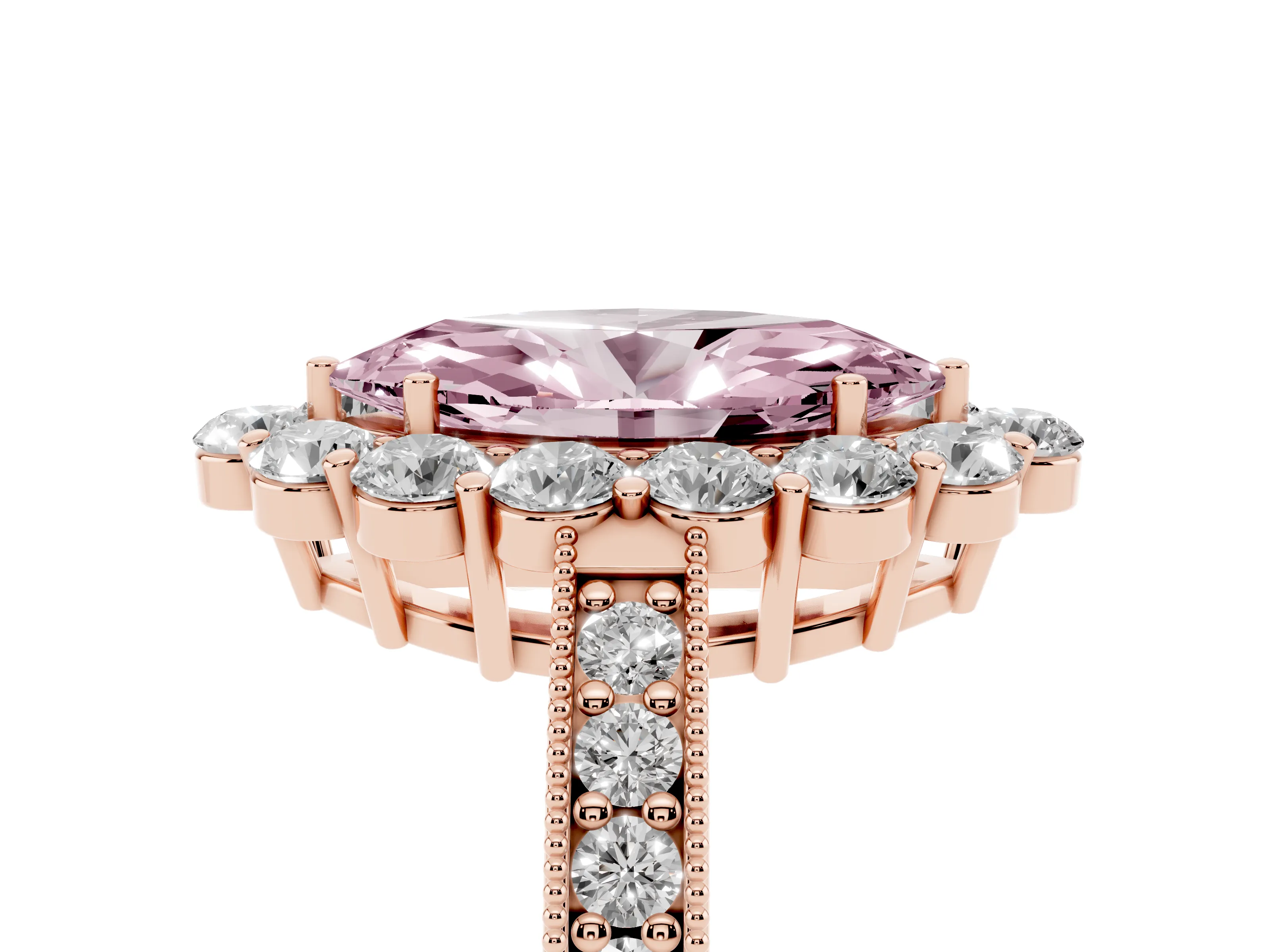 Fancy Pink Marquise Cut Diamond Halo Pavé Engagement Ring Set in Rose gold with Milgrain Detailing