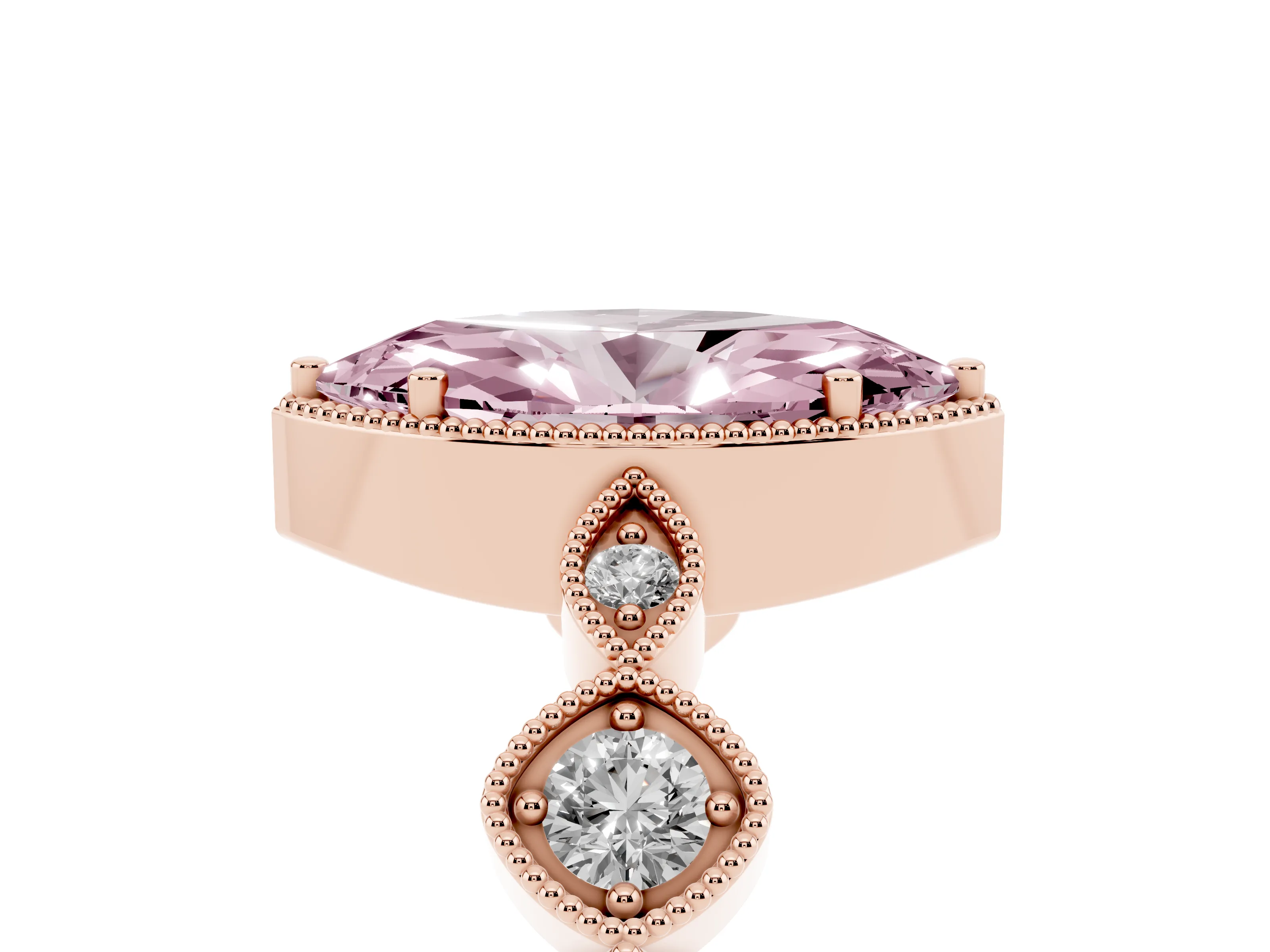 Fancy Pink Marquise Cut Diamond Vintage-Inspired Milgrain Ring Set in Rose gold with Marquise Stations of Round Accents