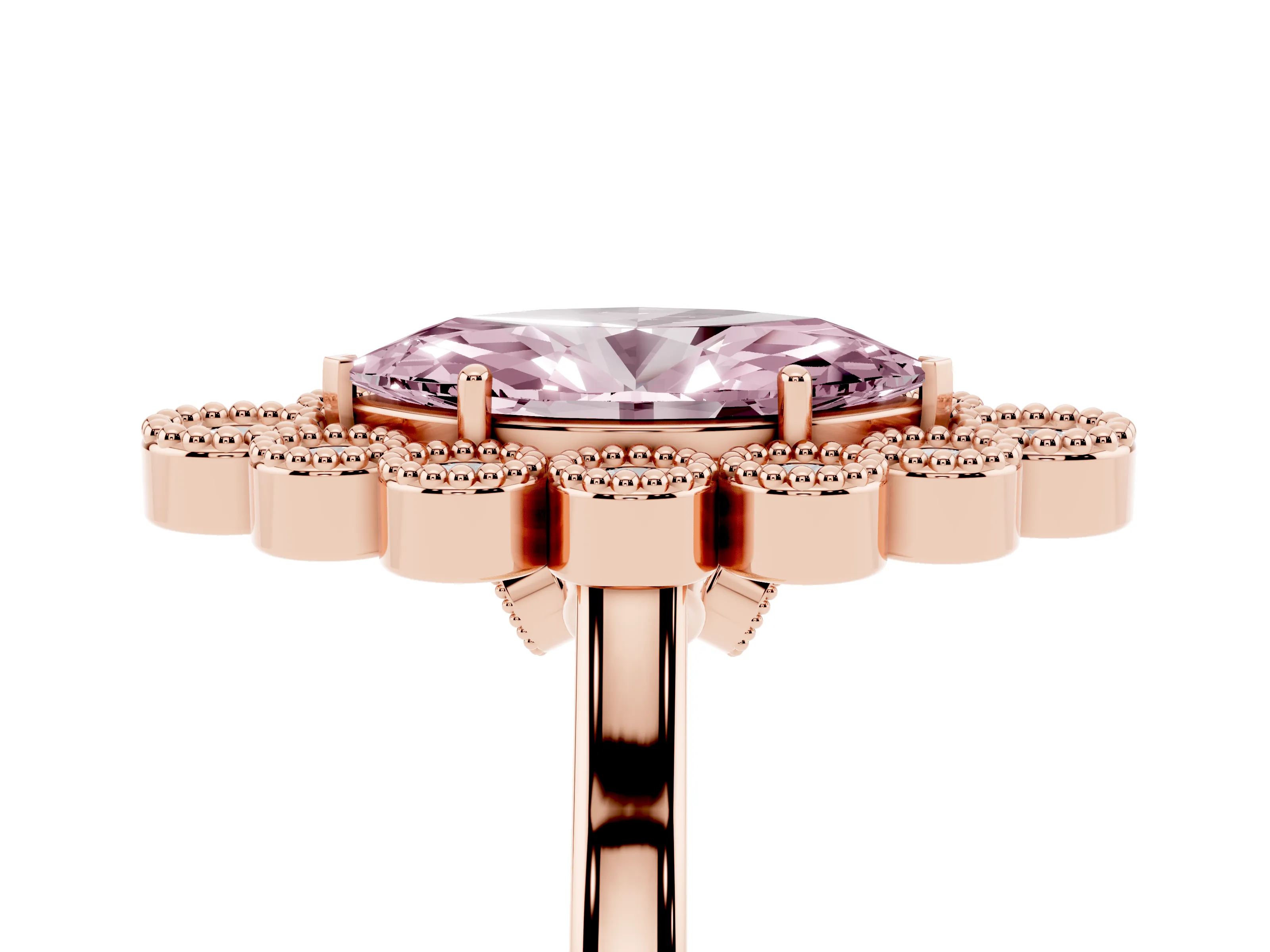 Fancy Pink Marquise Cut Diamond Cluster Halo Ring Set in Rose gold with Milgrain Bezel Accents and Plain Band